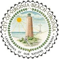 Seal of Virginia Beach with a lighthouse, a cross, the sun, and ocean scenery