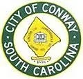 City of Conway, South Carolina seal with a yellow and green color scheme and a shield emblem in the center.