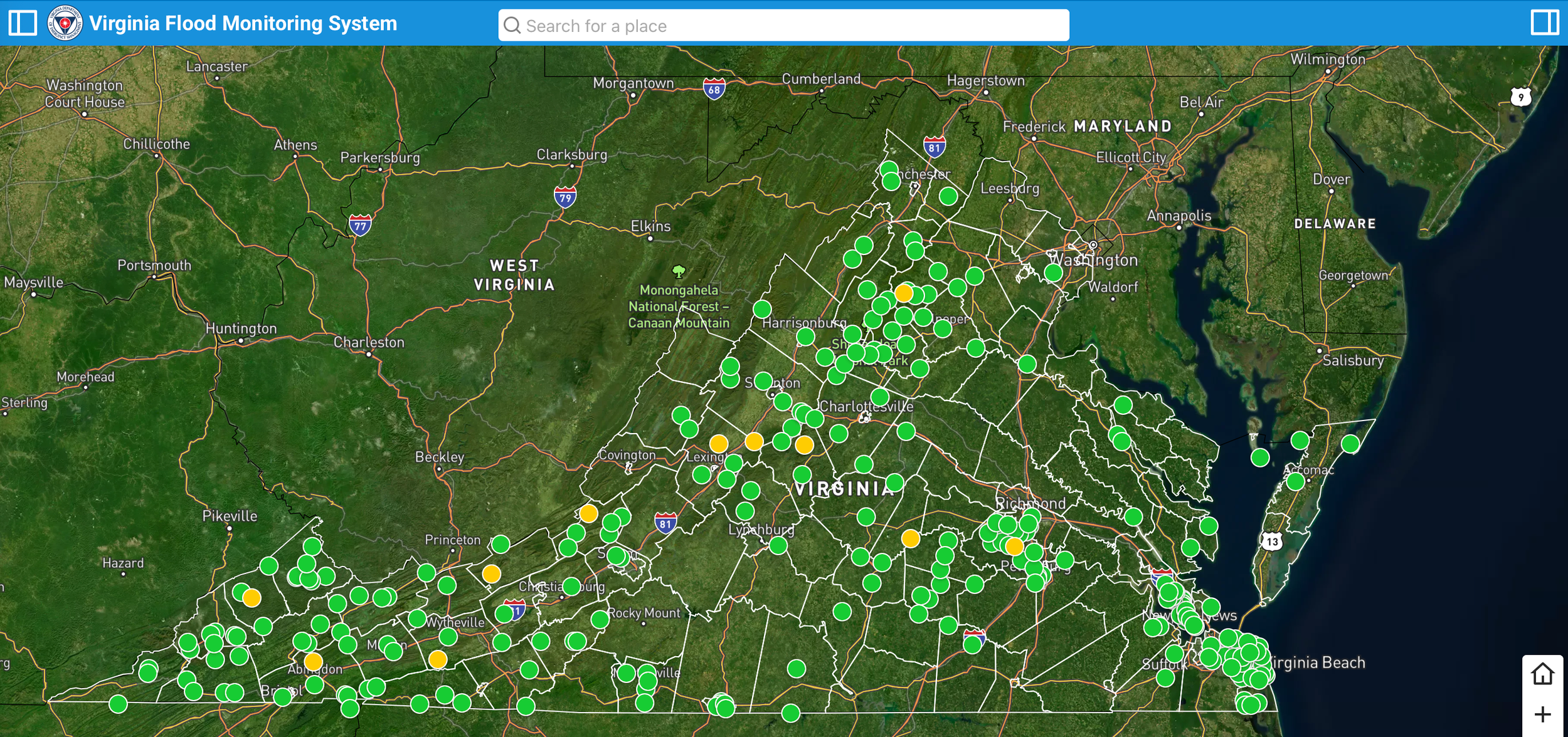 A map from the Virginia Flood Monitoring System showing flood monitoring points across Virginia and parts of surrounding states, with various colored markers indicating flood conditions.