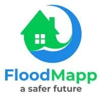 Logo of Flood Mapp with a green house, blue water wave, and text 'Flood Mapp a safer future'.