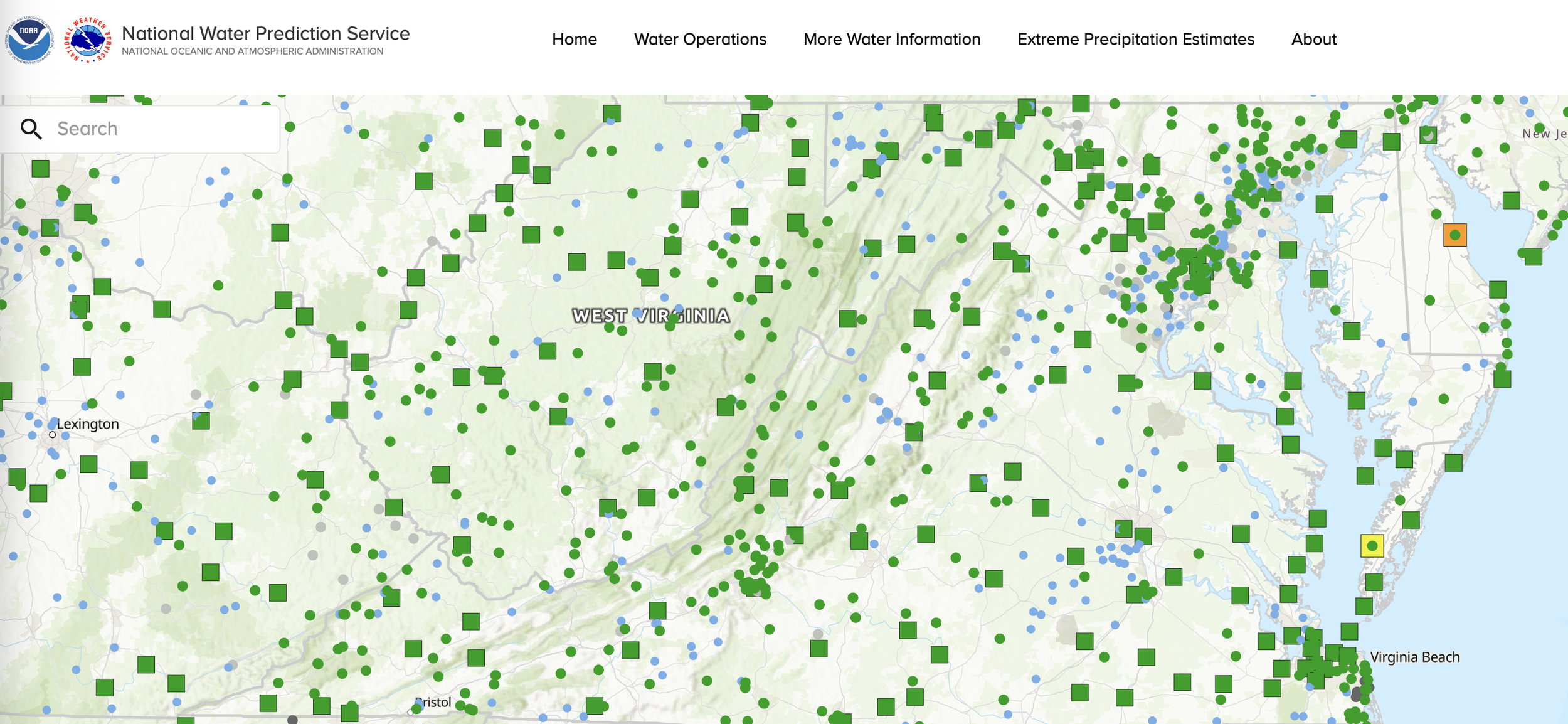 Screenshot of the National Water Prediction Service website showing a map of Virginia with numerous water monitoring stations marked by green squares and blue circles, and some orange and yellow indicators. The map features a search bar in the top left corner.