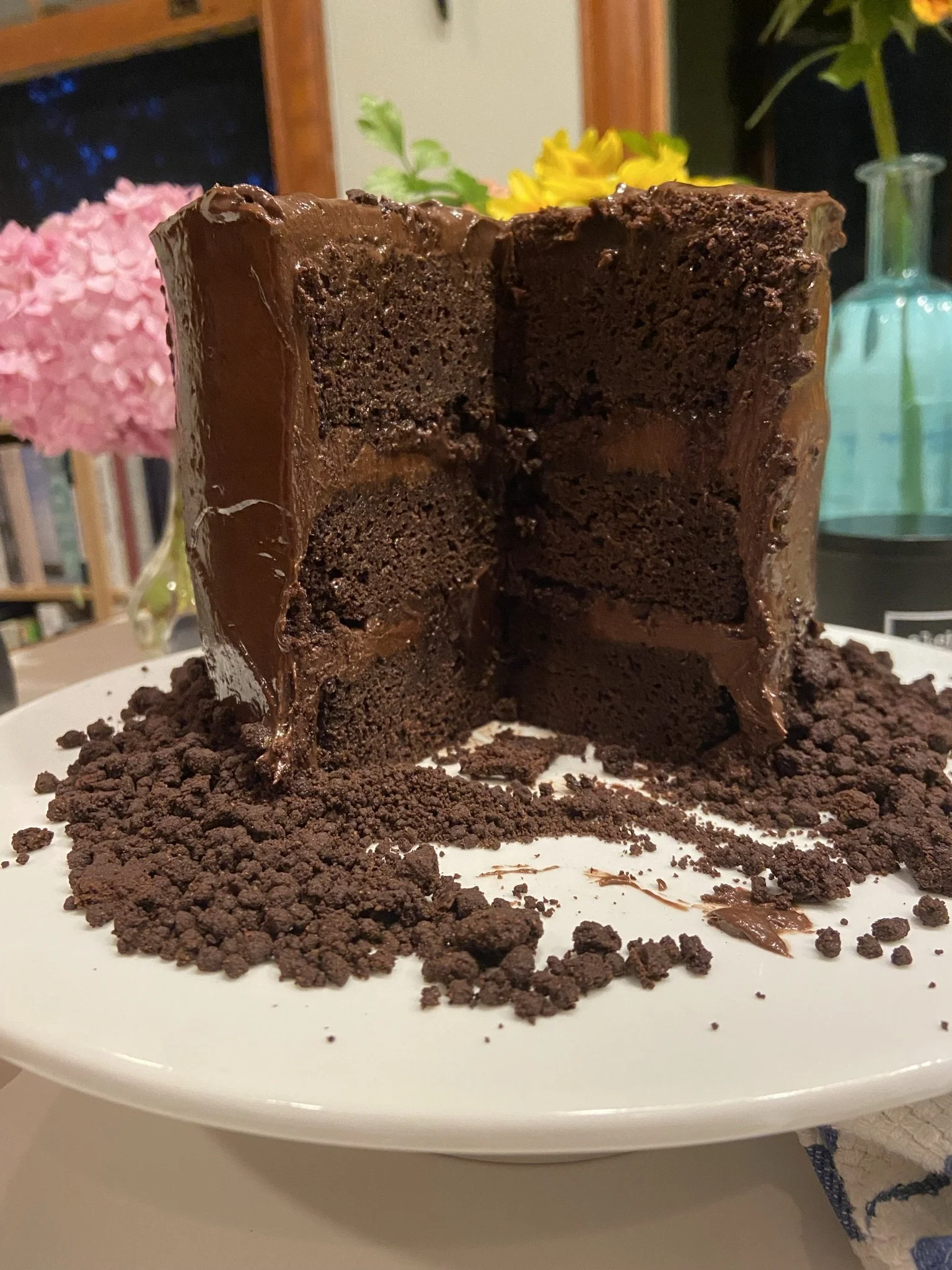 Cake One: Blackout Cake - layers of Devil's Food (Zoe Bakes), Chocolate Sea Salt Pudding Buttercream (Ovenly), and Chocolate Crumbs (All About Cake)