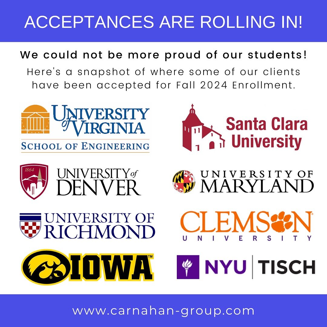 More fun notifications have rolled in!
⁠
Colleges and universities are now releasing springtime admissions decisions. We look forward to leaning of more exciting acceptance news to be posted in the next few weeks!⁠

Visit our website to see some prel