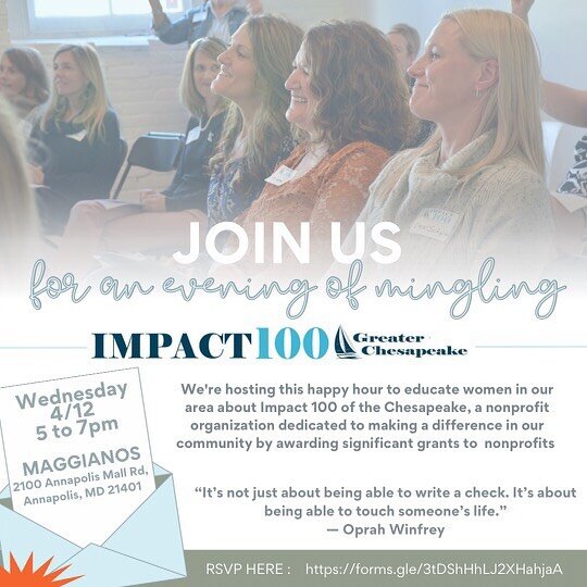 Join us for an evening of mixing &amp; mingling! Learn about @impact100greaterchesapeake and enter a raffle for a sponsorship and other fun prizes! #impact100 #womenempowerment #philanthropy