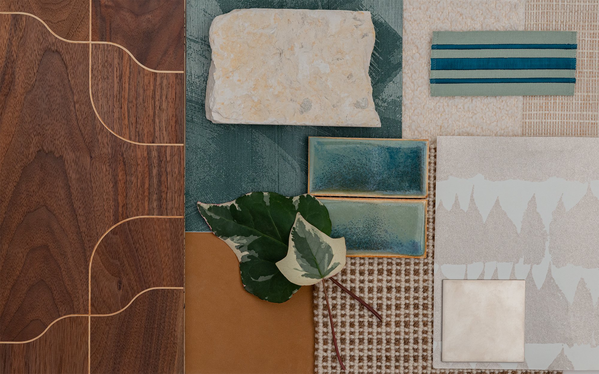 Material selection for each project is a unique and creative process. This warm springtime color palette of green, blue and walnut speaks to the season by combining natural stone, wool, ceramic, and leather. #interiordesign #napavalley #furniture #wi