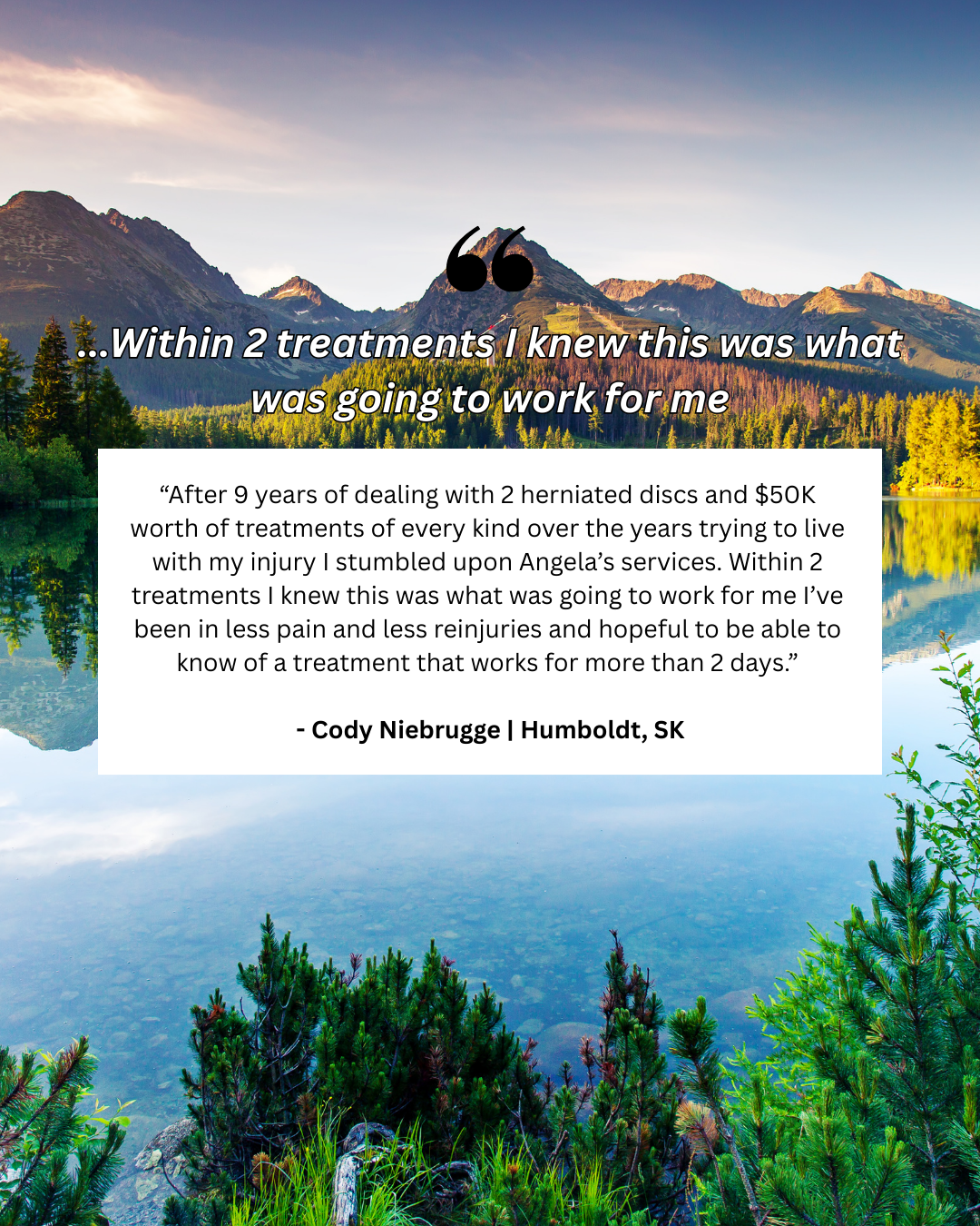 Quote about treatment success with a scenic background of mountains, trees, and a lake