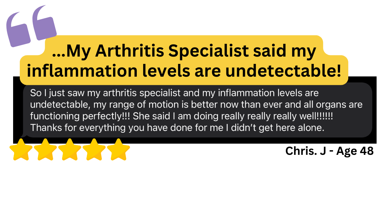 Testimonial about arthritis recovery with five yellow stars and the name Chris J, age 48.