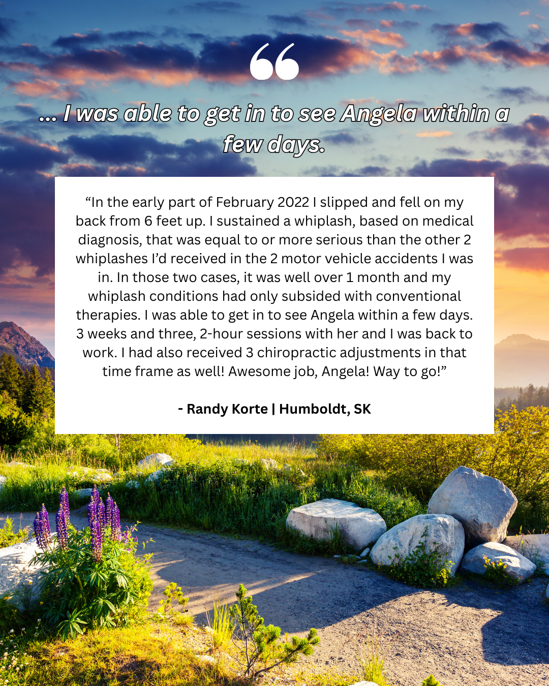 Sunset over a mountain landscape with large rocks and purple wildflowers, blue sky with clouds.