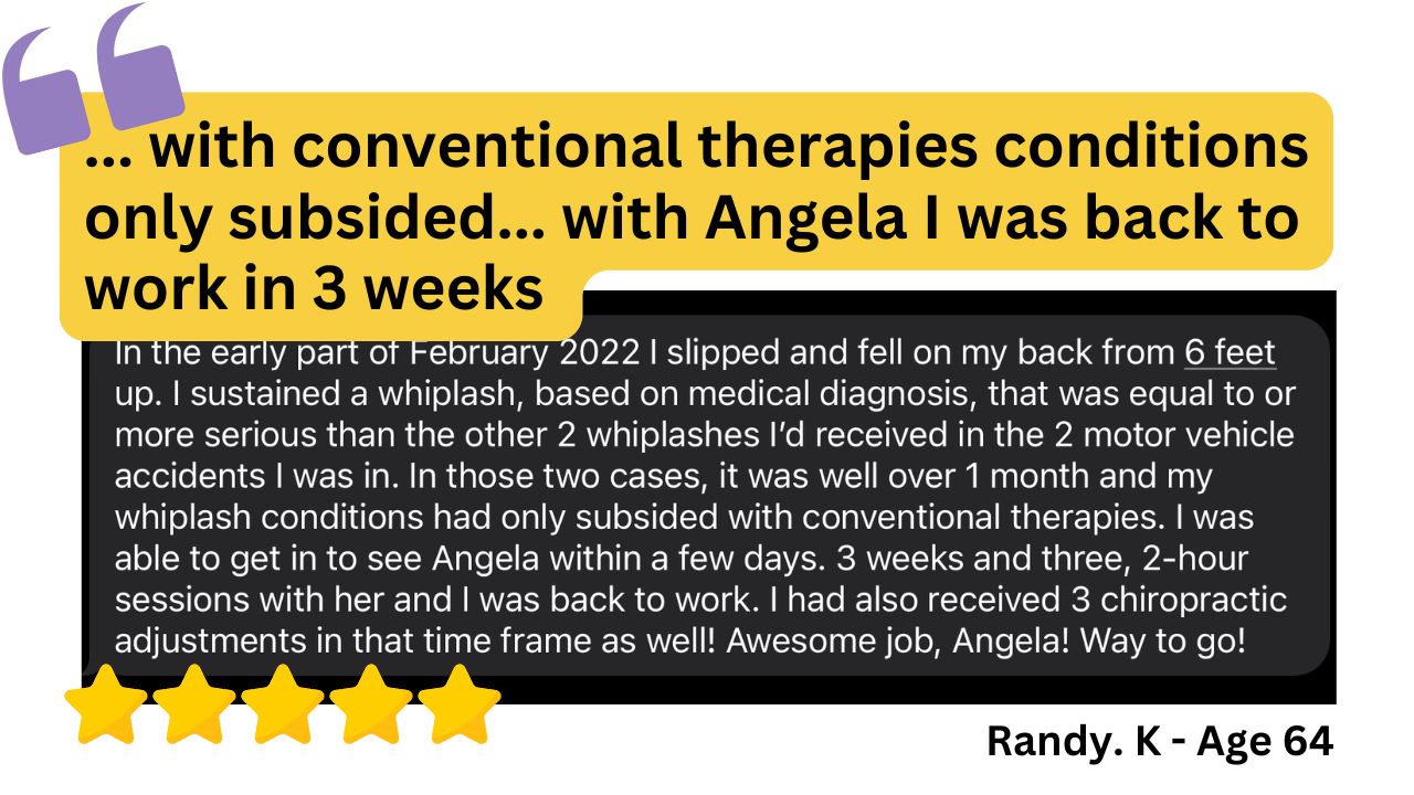 A testimonial quote about recovery from back injury on a yellow background with purple quotation marks at the top, five gold stars at the bottom, and the name 'Randy. K - Age 64' in black text at the bottom right.