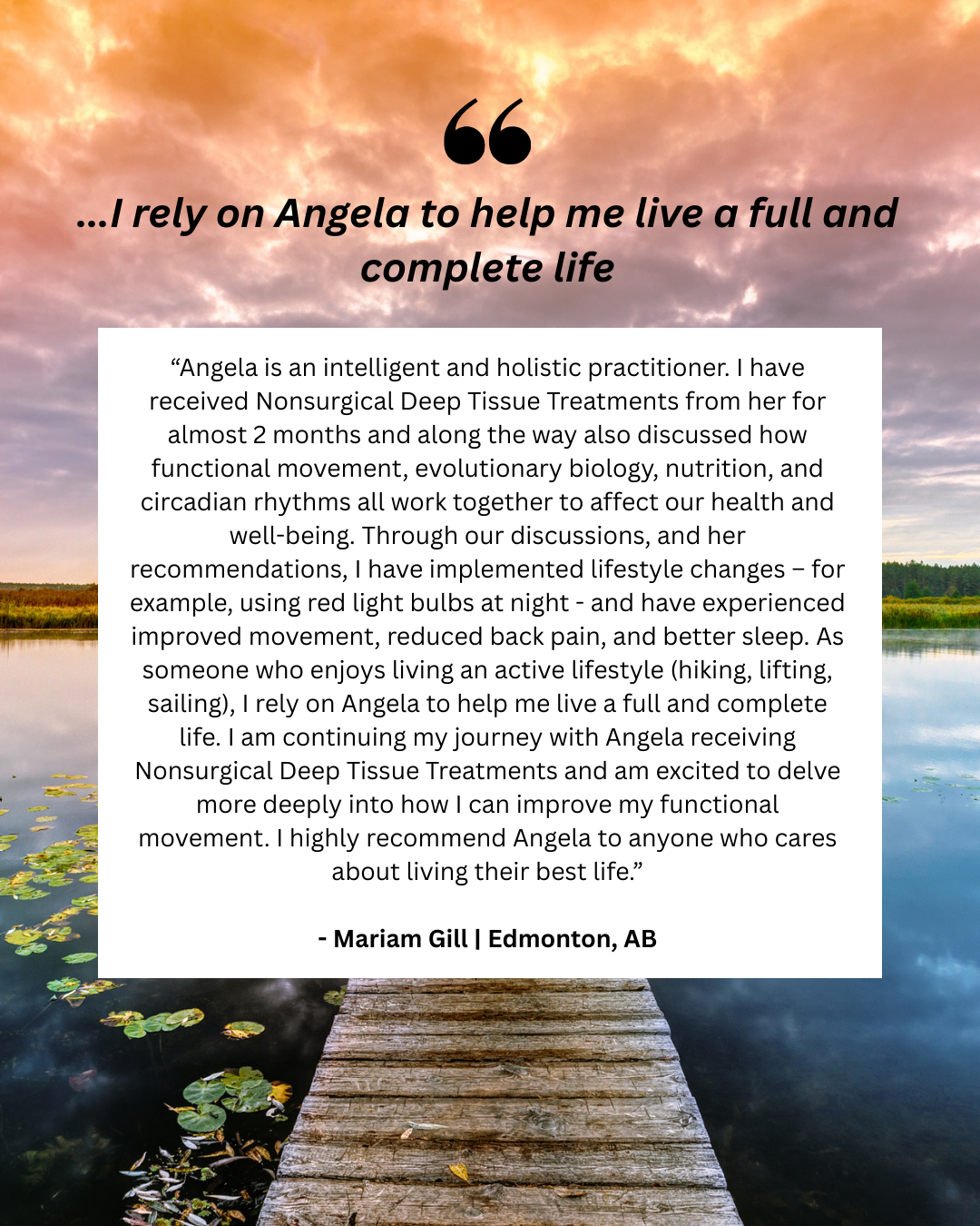 A photo of a wooden dock extending into a peaceful lake with lily pads, under a sunset sky with clouds.