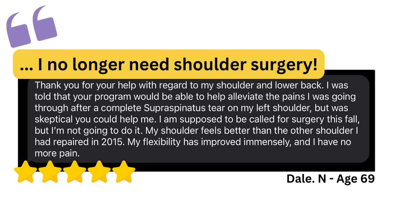 A testimonial review with a bold statement, five yellow stars, and a name and age at the bottom right, praising relief from shoulder pain and avoiding surgery.