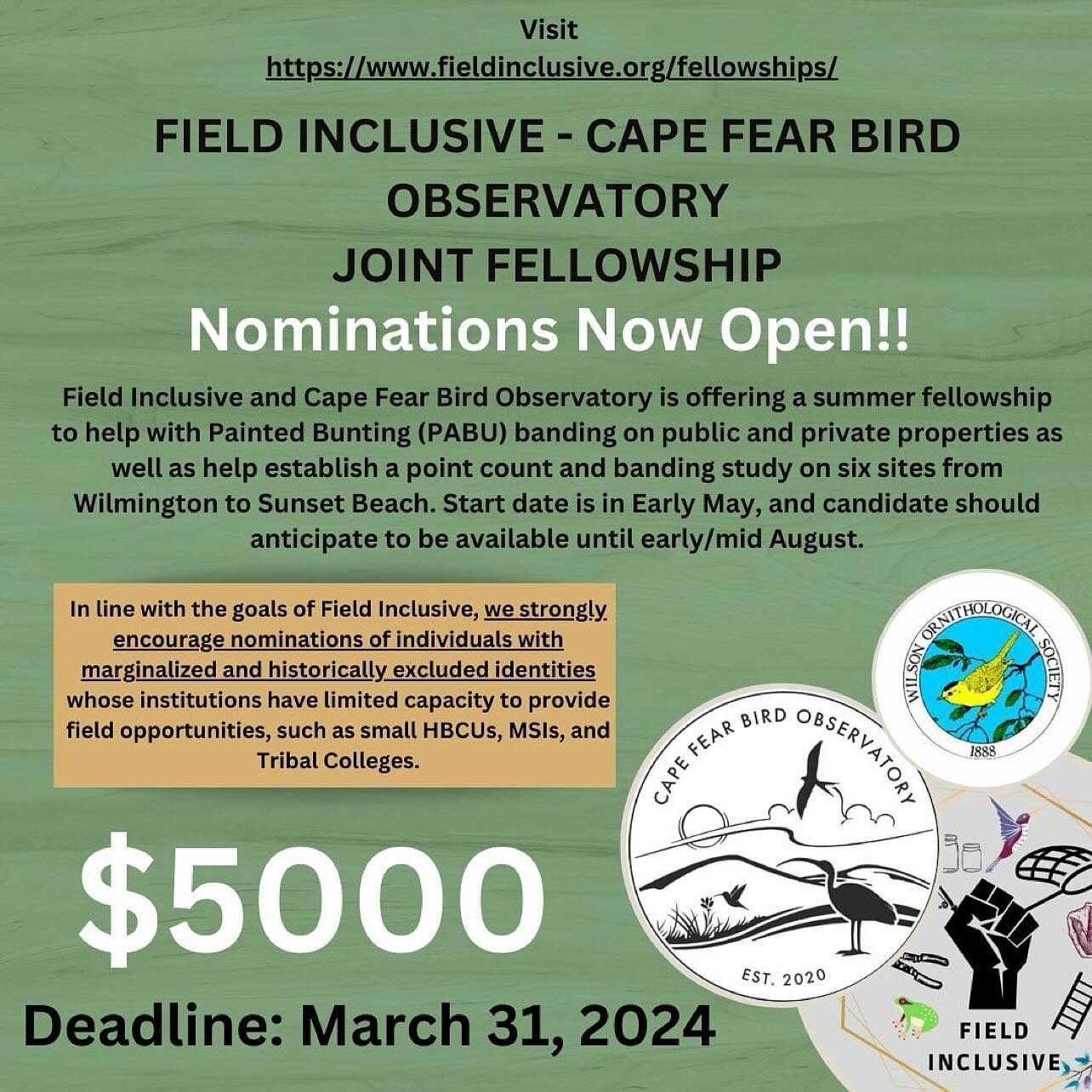 Repost from @fieldinclusive
&bull;
Nominations Now Open.
Field Inclusive and Cape Fear Bird Observatory are offering a summer fellowship in the amount of $5,000 (paid over three months as a monthly stipend) to help with Painted Bunting (PABU) banding