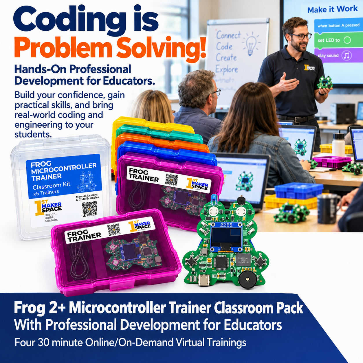 1st Maker Space Frog 2+ Microcontroller Trainer Classroom Kit with Professional Development Videos
