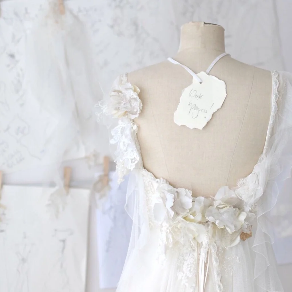 A bridal gown in the atelier