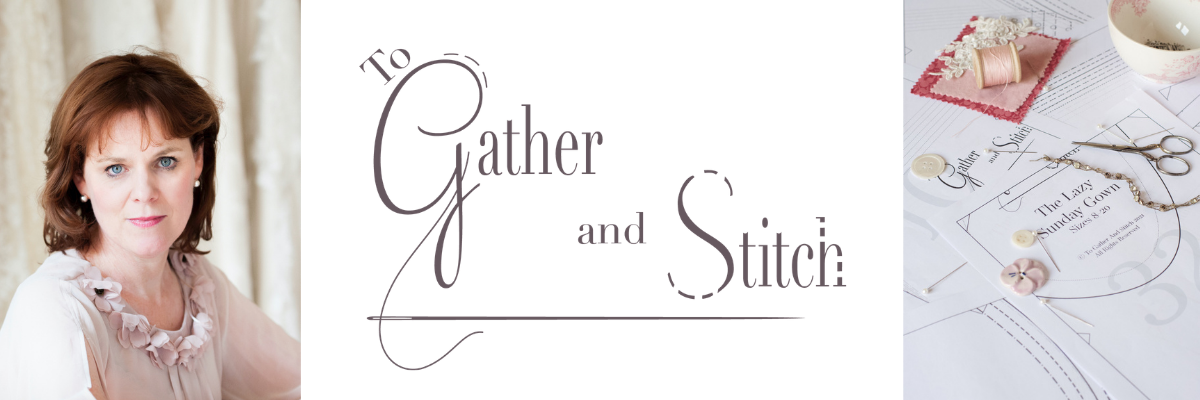To Gather And Stitch Header Image with a logo, a photo of Sarah and an image of work in progress