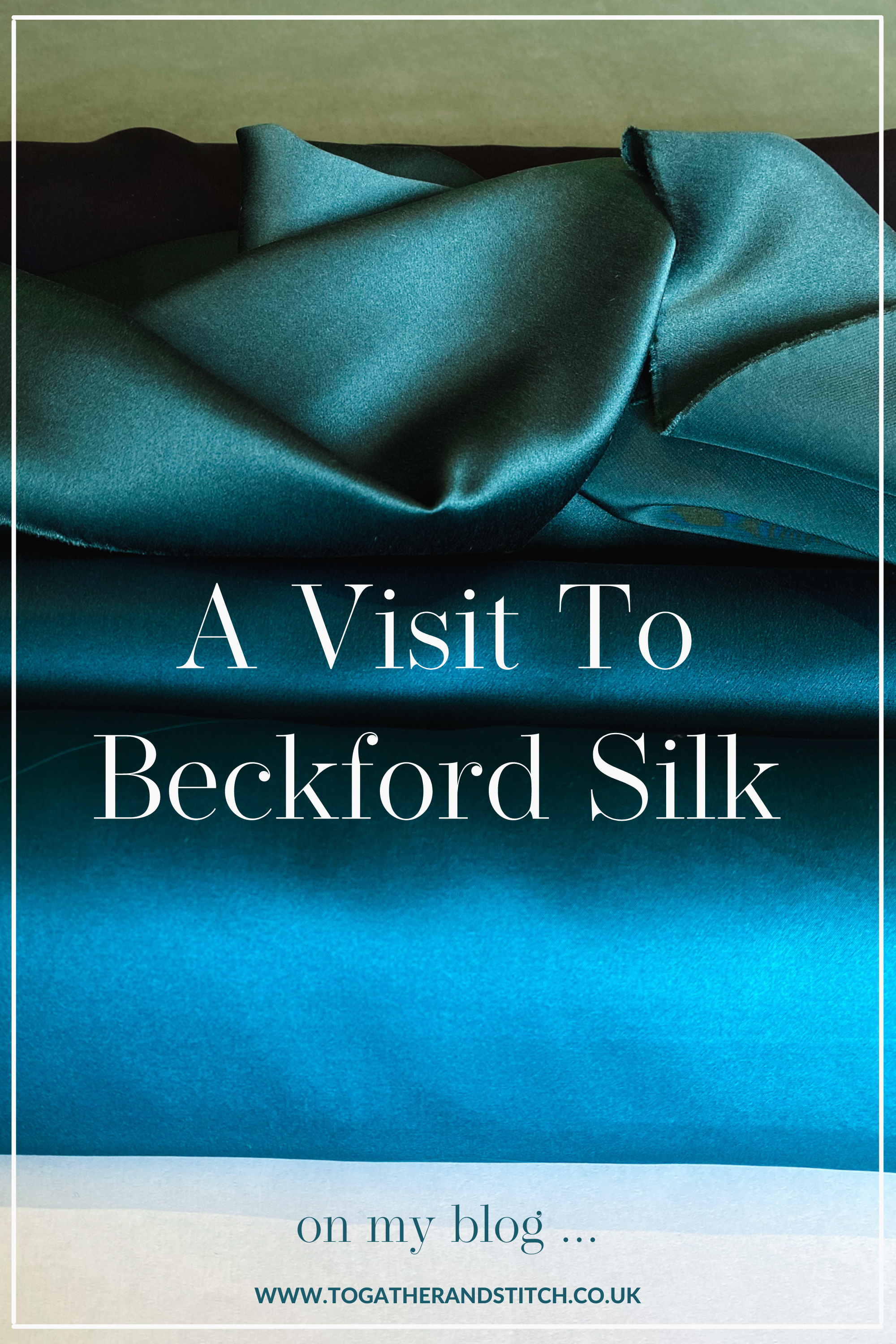 A pin for Pinterest, showing bolts of silk crepe satin dressmaking fabric in greens and blues.