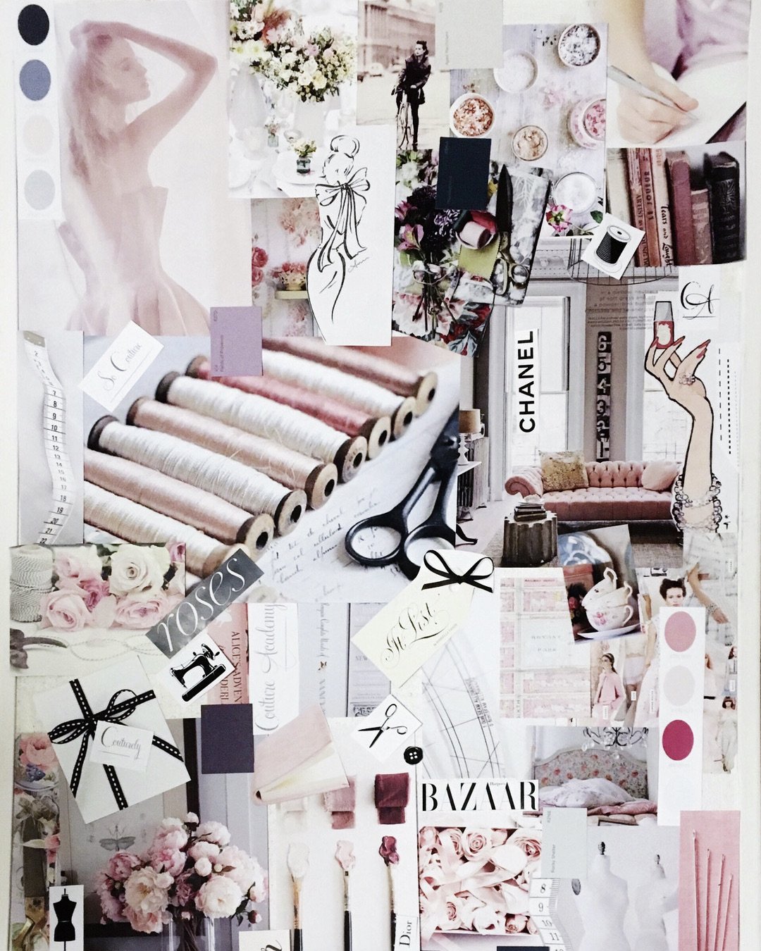 A brand mood board for a couture sewing school
