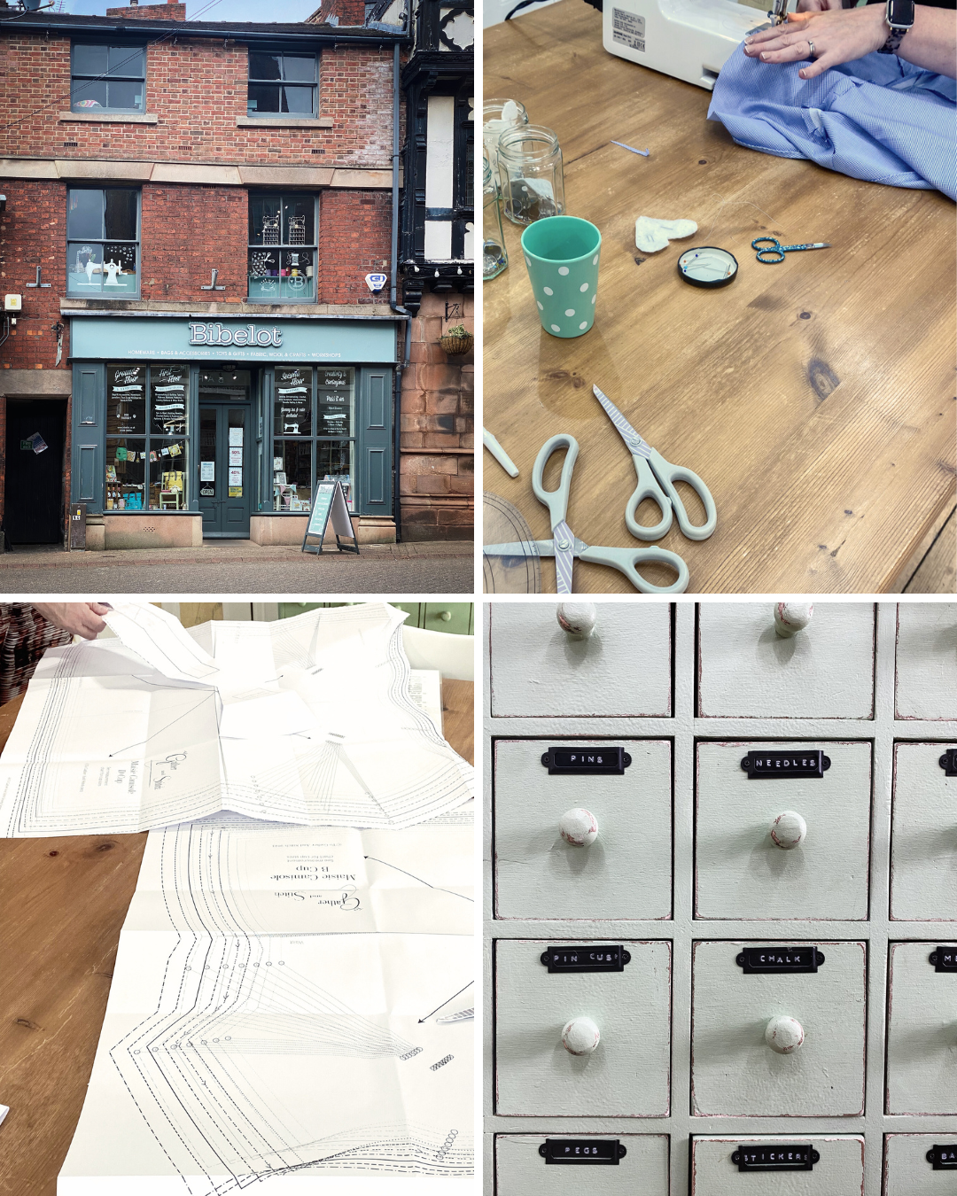 A collage of images from the workshop, Bibelot's shop front, a set of drawers with needles and pins, cutting a paper pattern to fit and machine stitching a narrow hem on blue cotton fabric.