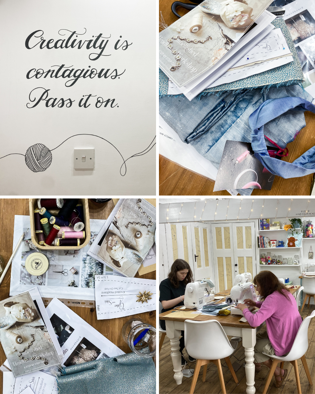 A sewing table filled with vintage-inspired materials, including silk fabrics, flowers, sequins and cups of coffee — capturing the creative atmosphere of a couture headband workshop.