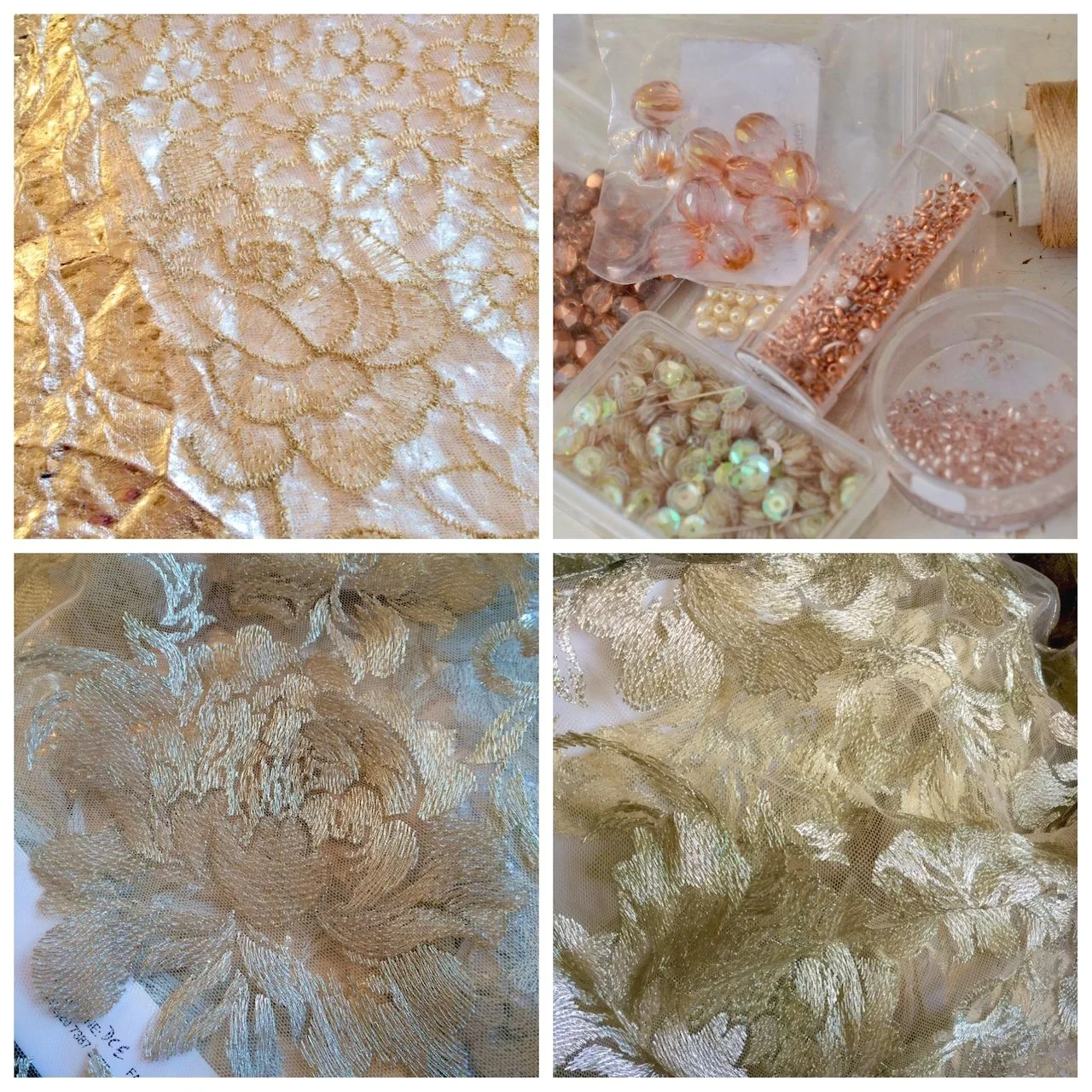 A collage of  photos of gold lace fabrics and gold and rose gold beads and sequins