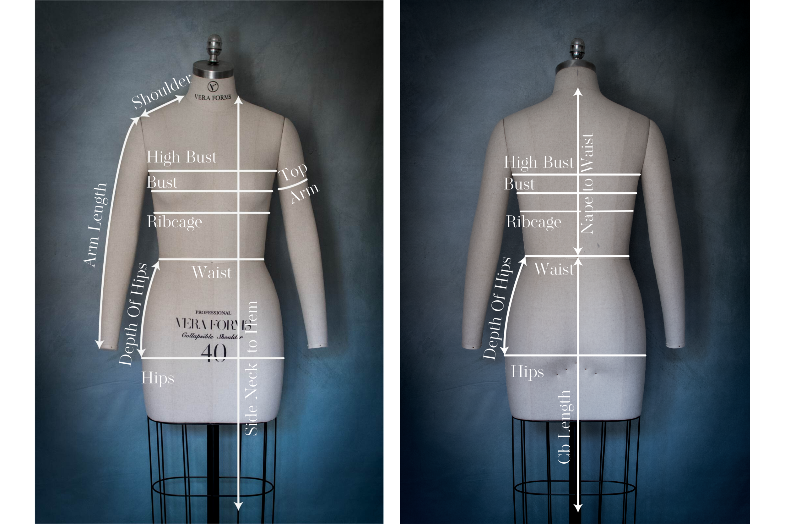 A diagram illustrating measurements on the front and back photographs of a dressmaker's mannequin.