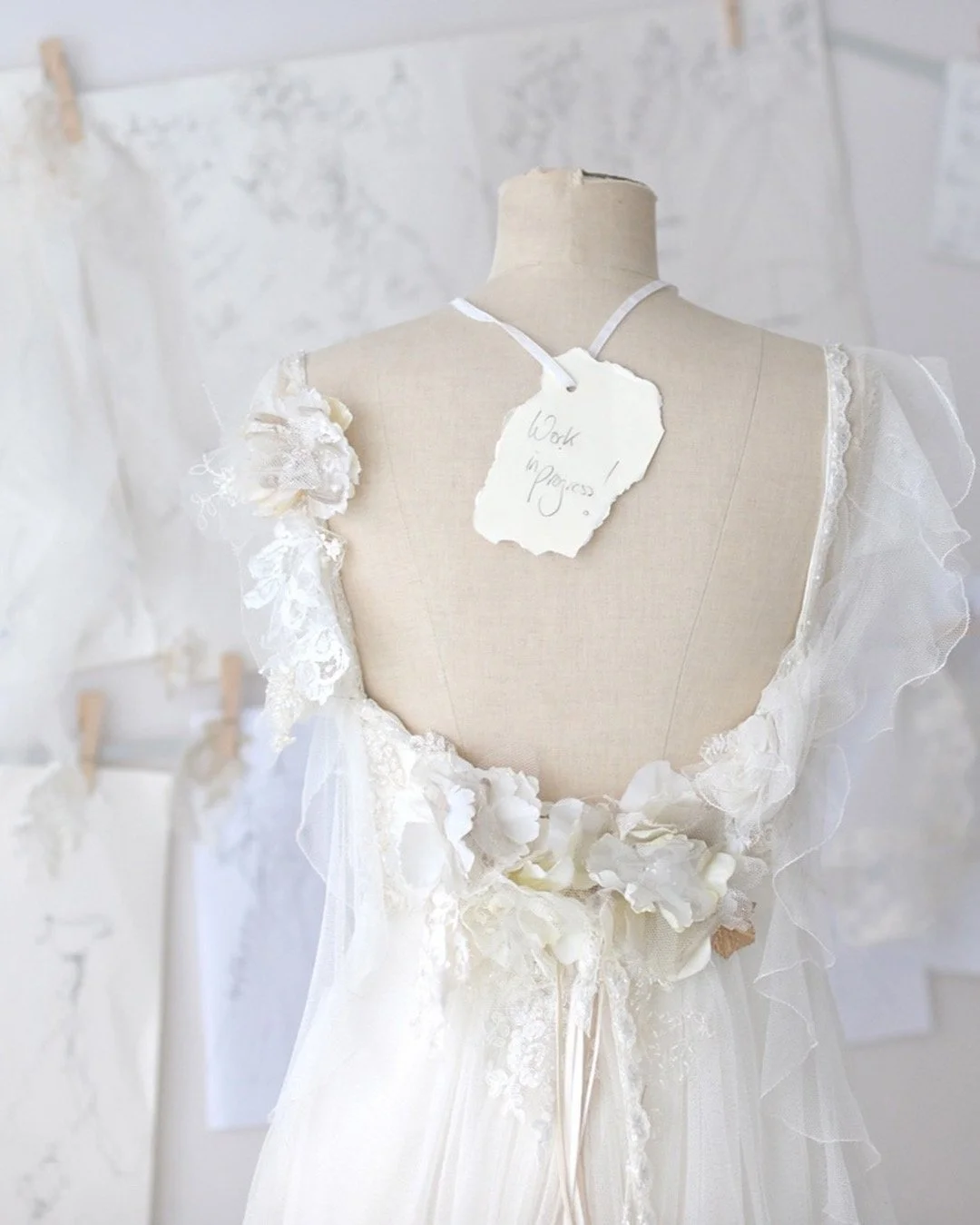 Work in progress on a couture bridal gown in the studio