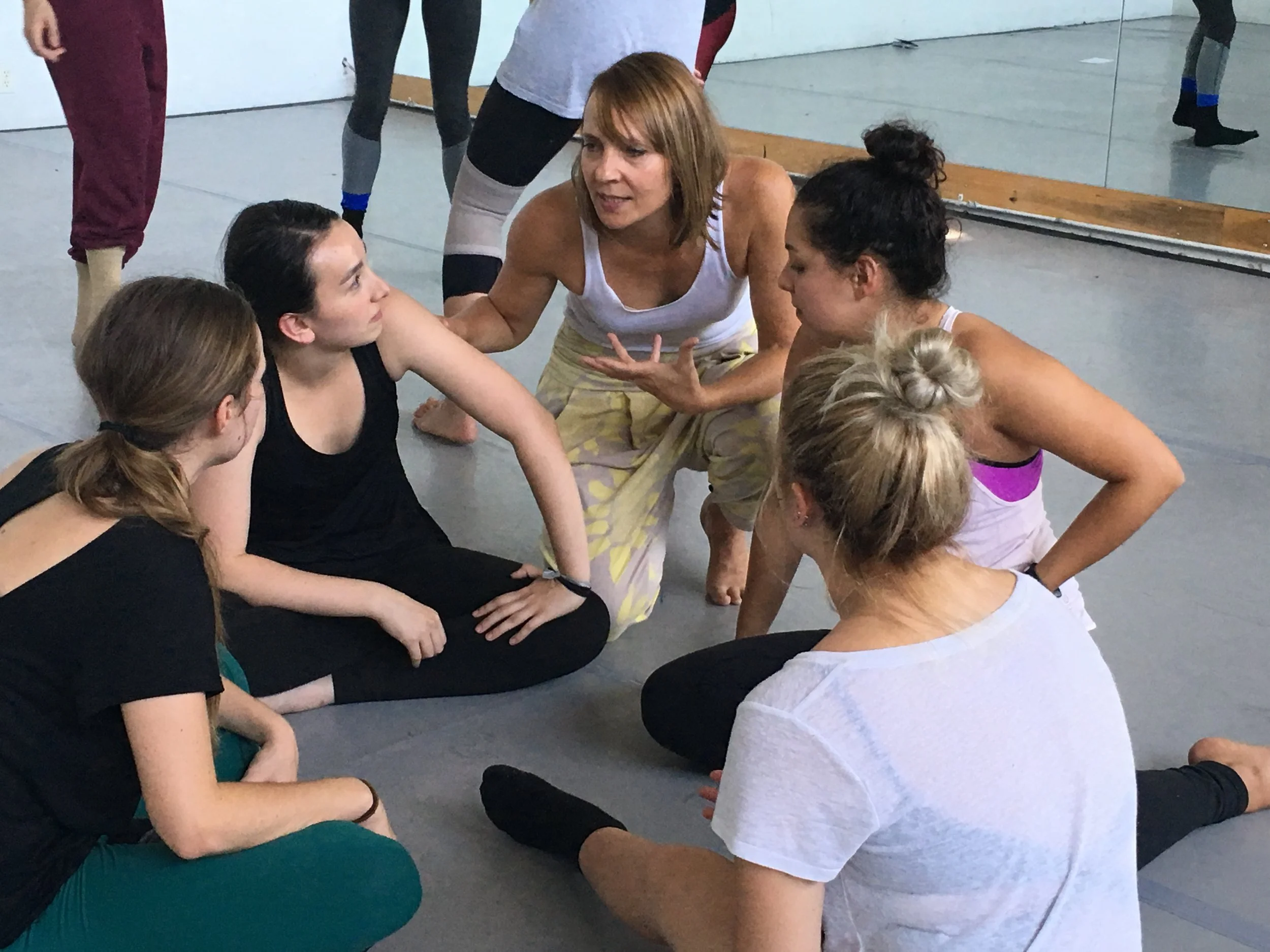 Arianne MacBean working with Dancers  sitting on floor