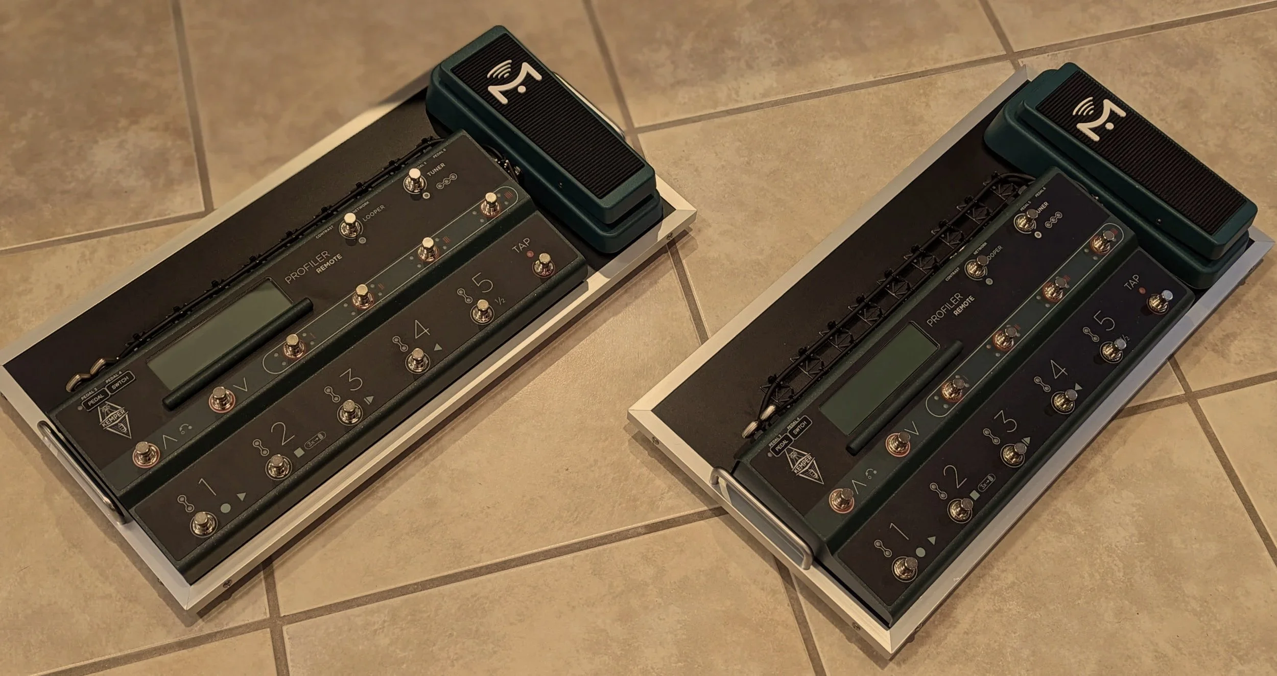 Dual Kemper Profiler Remote Rig — Custom-built floor control boards featuring Mission Engineering expression pedals, clean loom cable routing, and Tour-ready mounting.