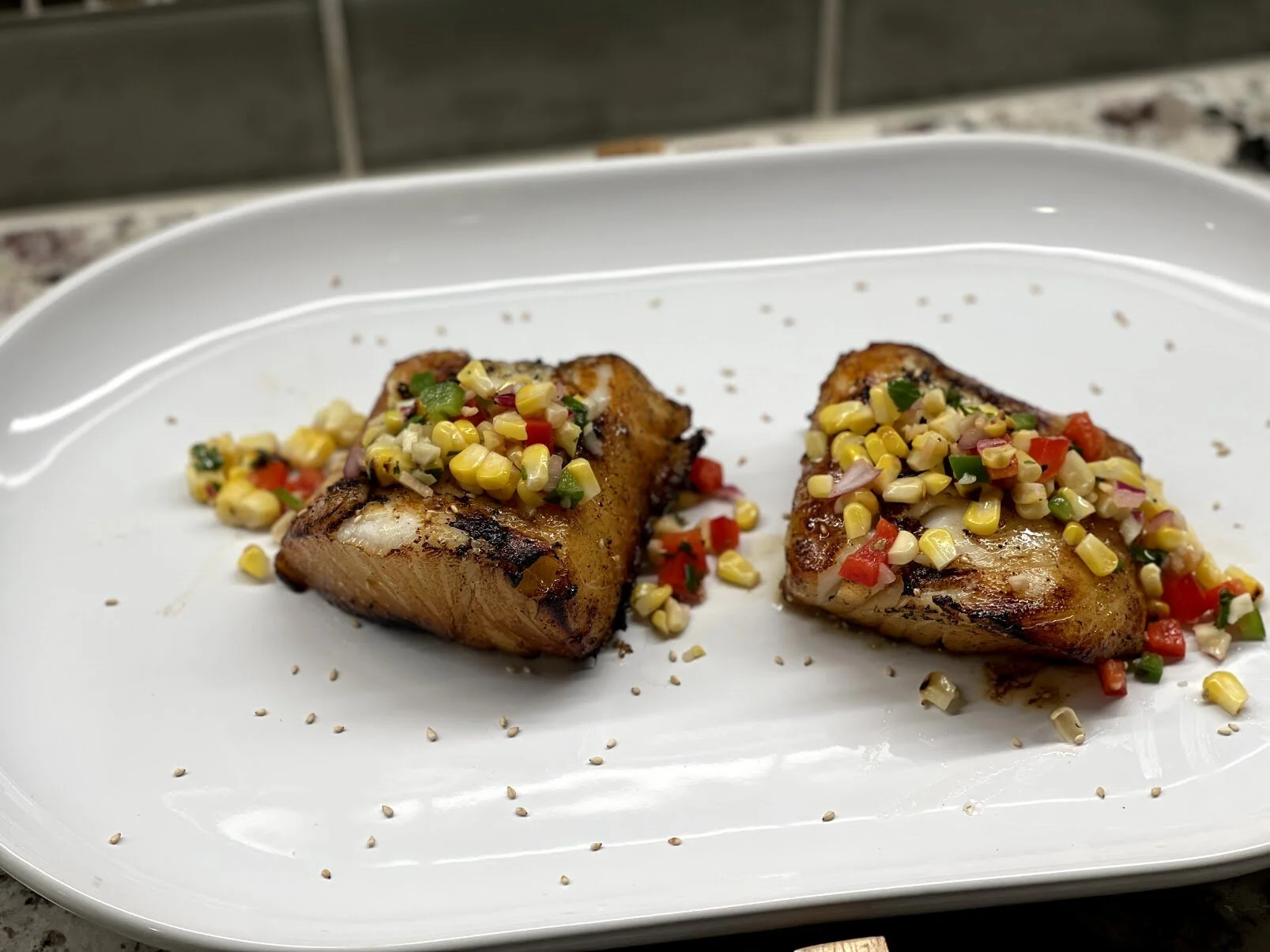 Miso Glazed Sea Bass with Spicy Charred Corn Chutney — SJH Cooking