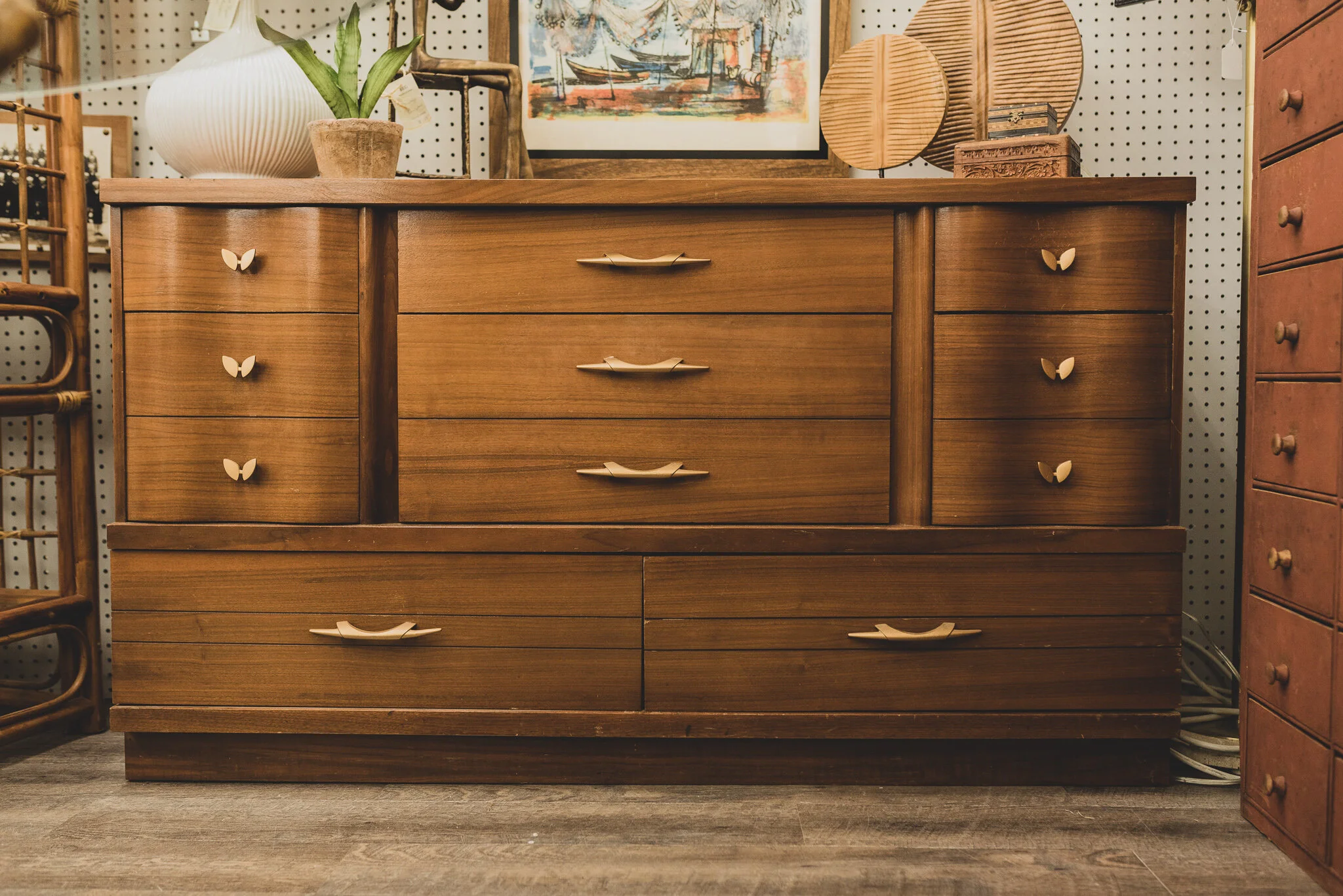 mid century vintage dresser Modern Walnut By Bassett Furniture offering three deep and spacious doors at the center and an additional three drawers along each side Mid Century Dresser Brown