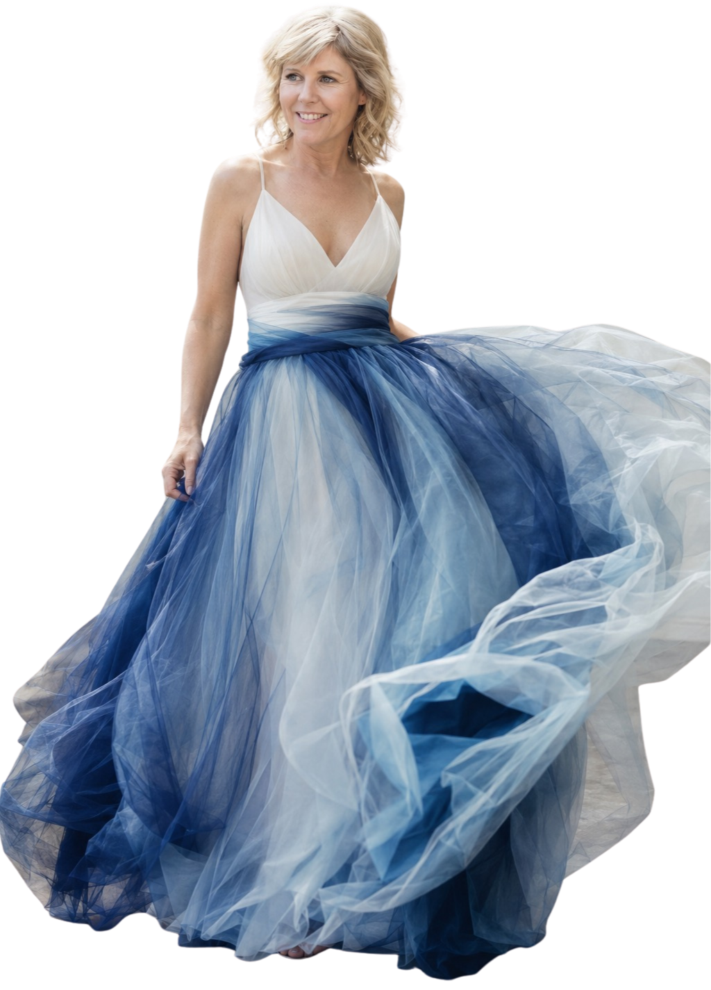 Author mentor and publisher Sally Jane Friday in a flowing white and blue gown with spaghetti straps, posing and smiling.