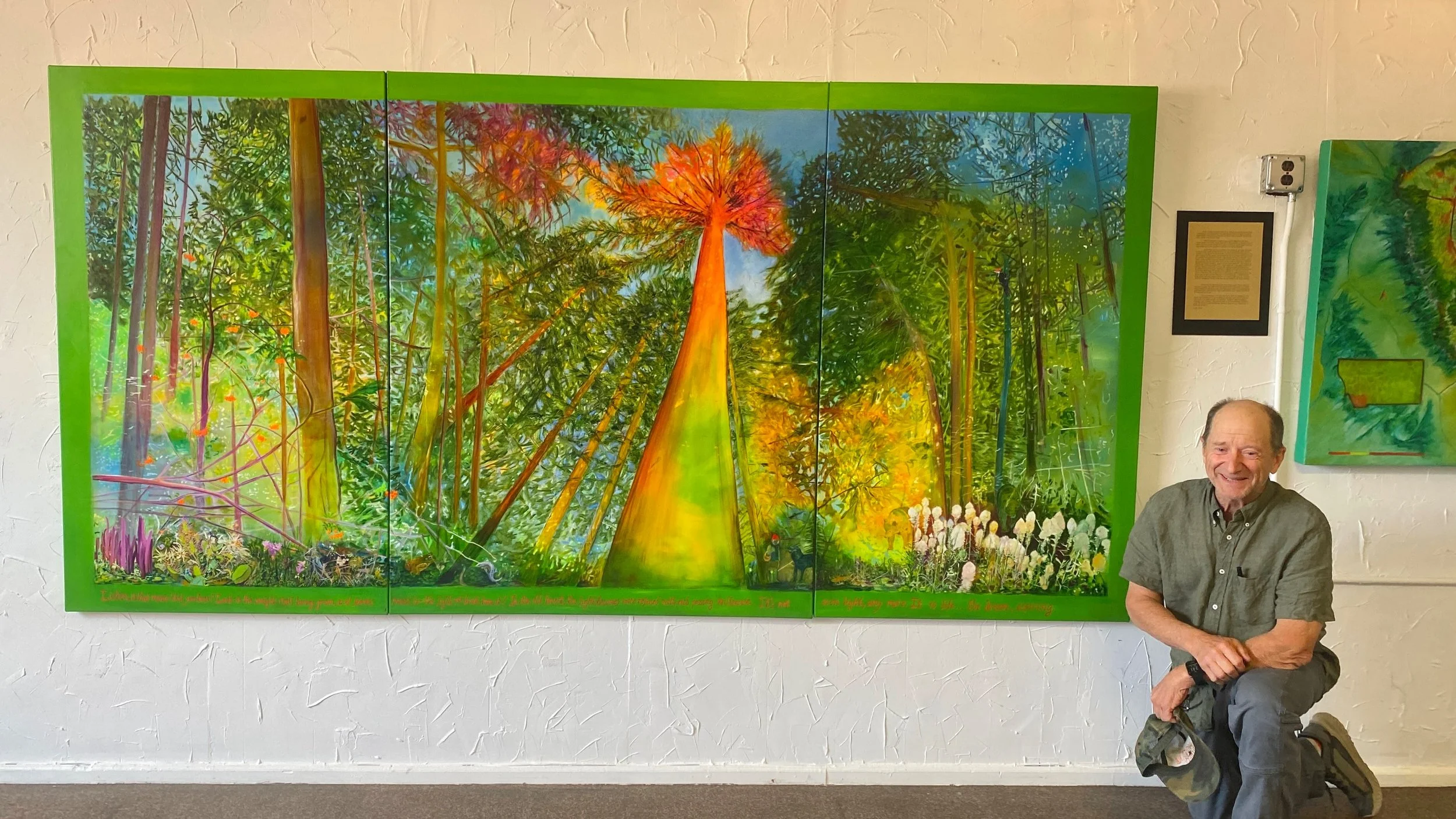 Author Rick Bass visits my newest painting: Sacrosanct. Rick introduced me to the magic and mystery of the old forest. He is currently on a road show from Maine to Montana to: "combine art and activism to raise awareness of climate refuges and a