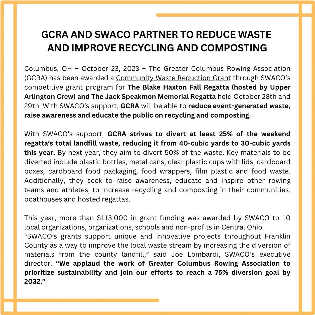 We are grateful to have SWACO&rsquo;s support and can&rsquo;t wait to continue seeing improved recycling and composting at all regattas, including this weekends. 

We will be providing services at the Blake Haxton as well as the Speakmon this weekend