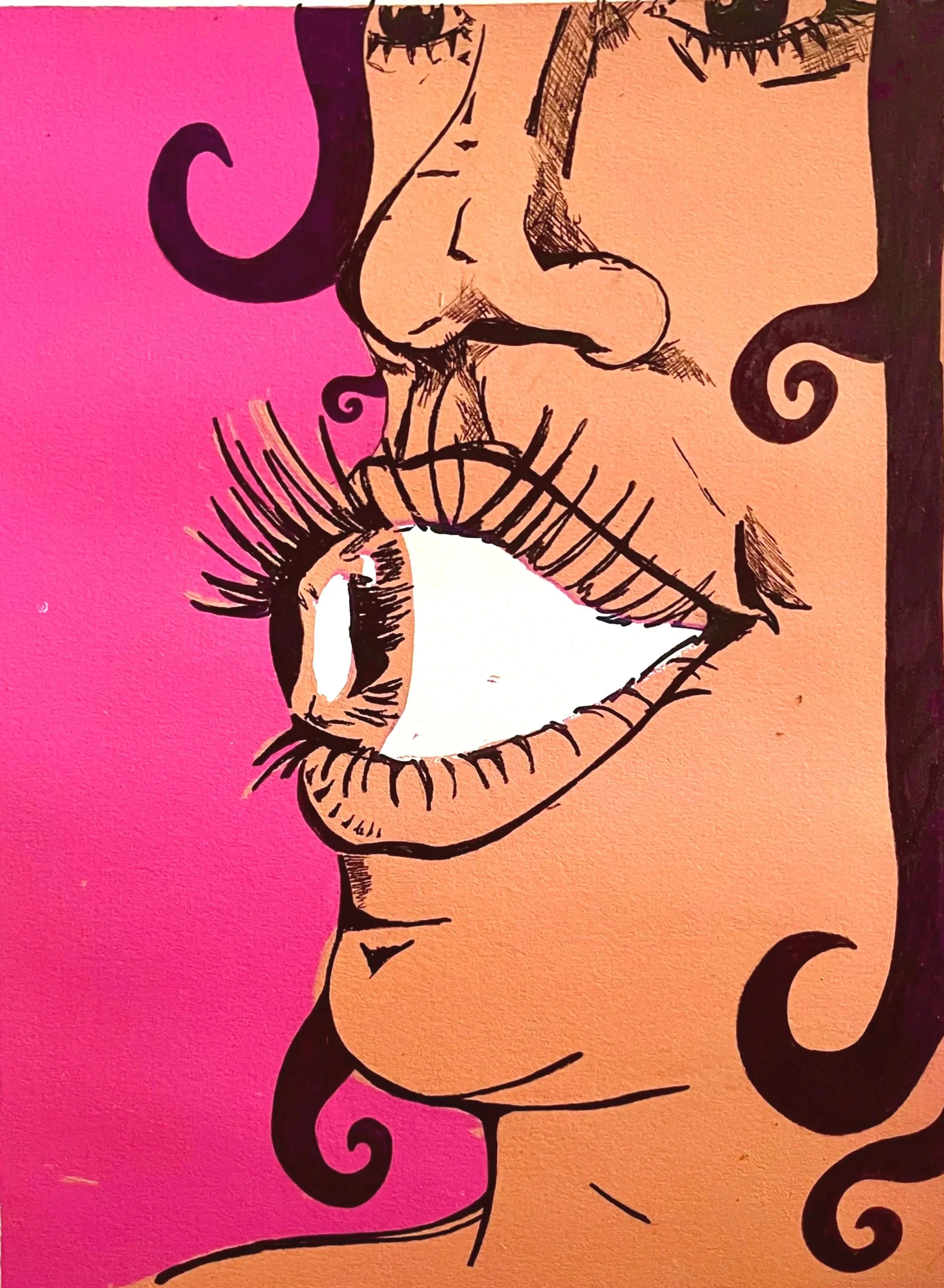 "Eye Suck (reimagined)", Linocut print and marker on paper, 2023