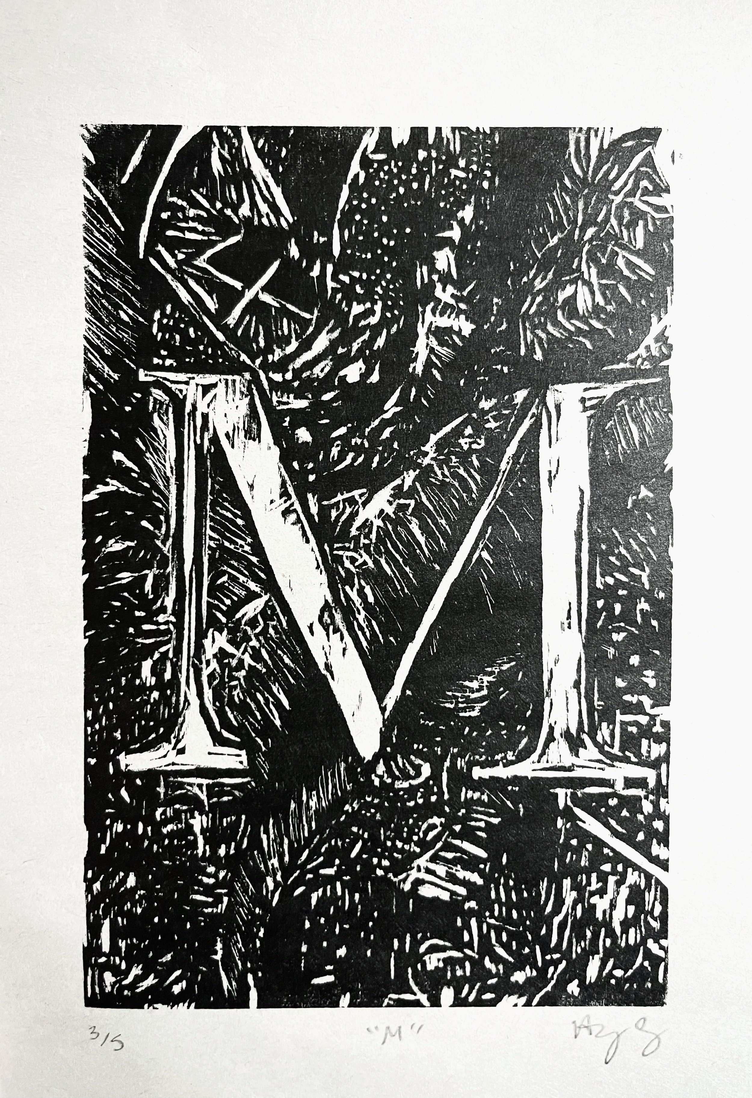 "M", Woodcut print on paper, 2019