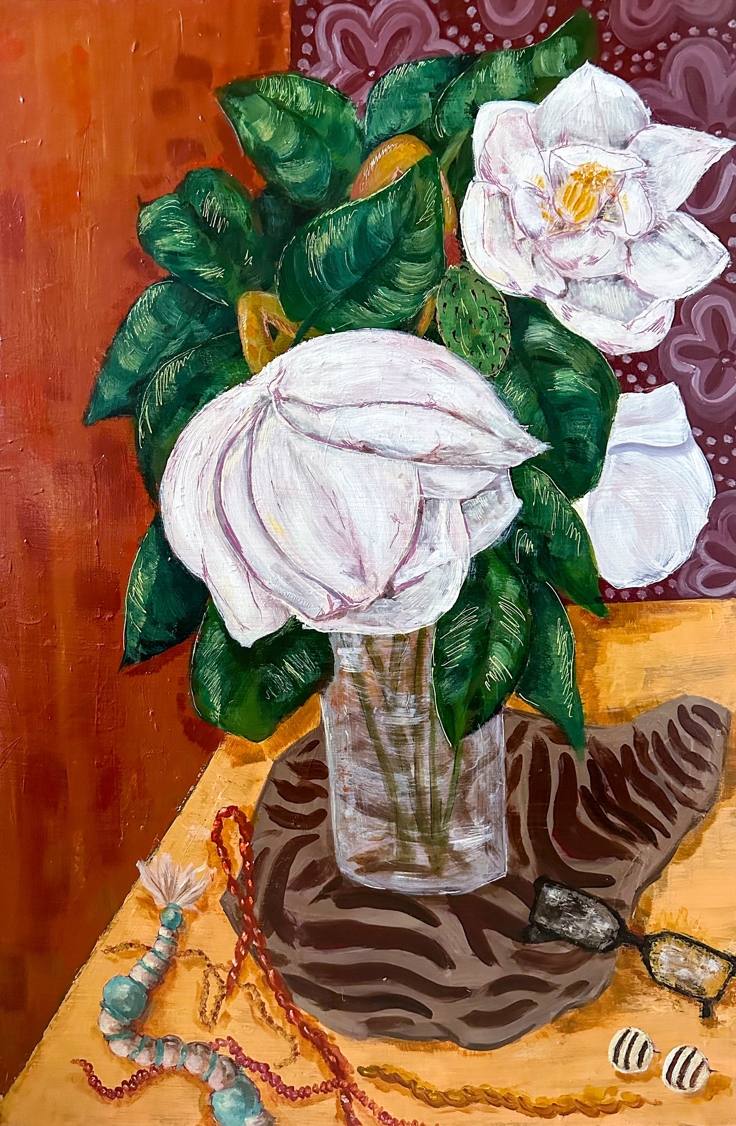 Magnolias on her dresser, acrylic on wood panel, 2023