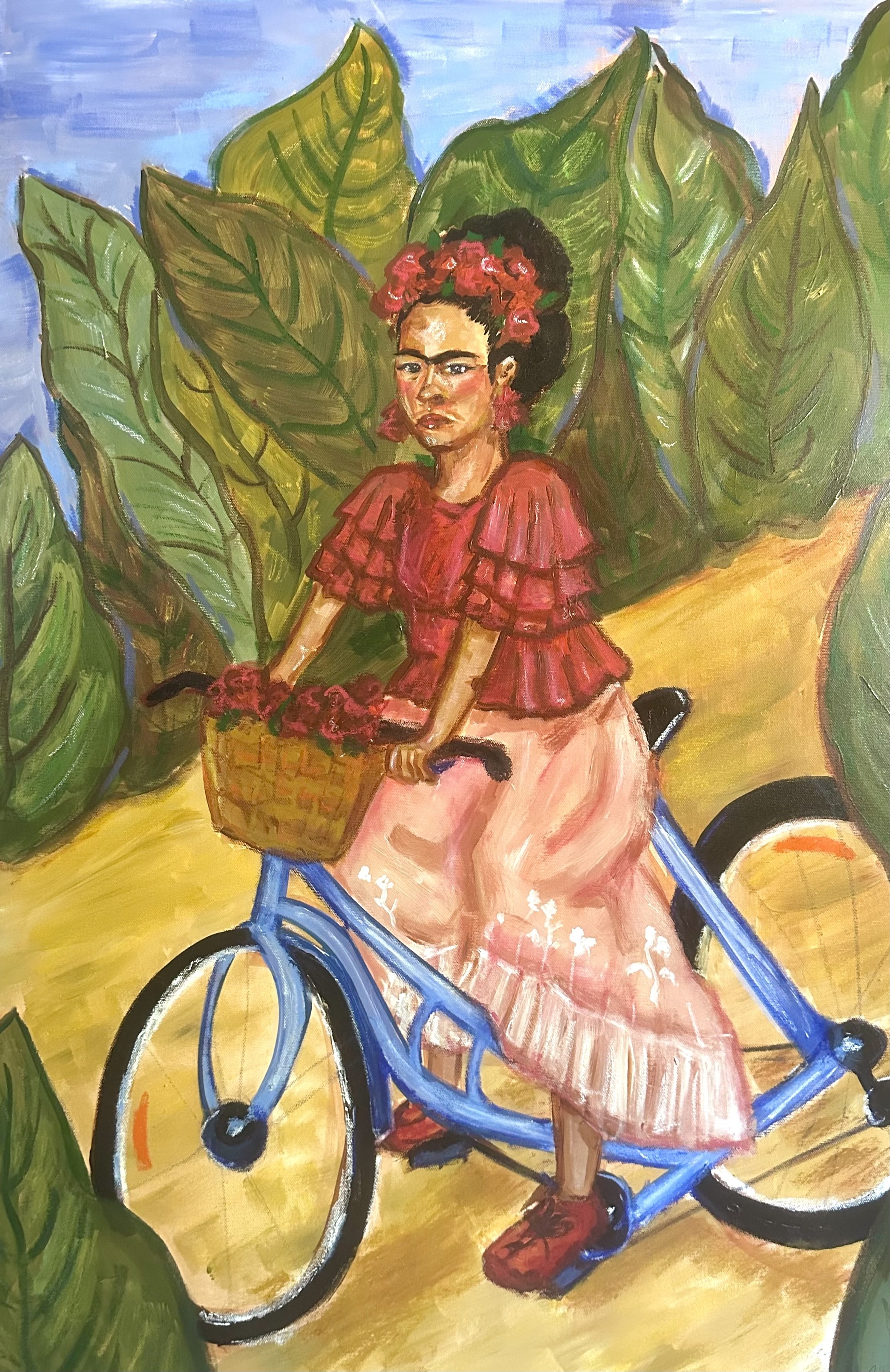 Frida en bici, acrylic and oil pastel on canvas, 2025