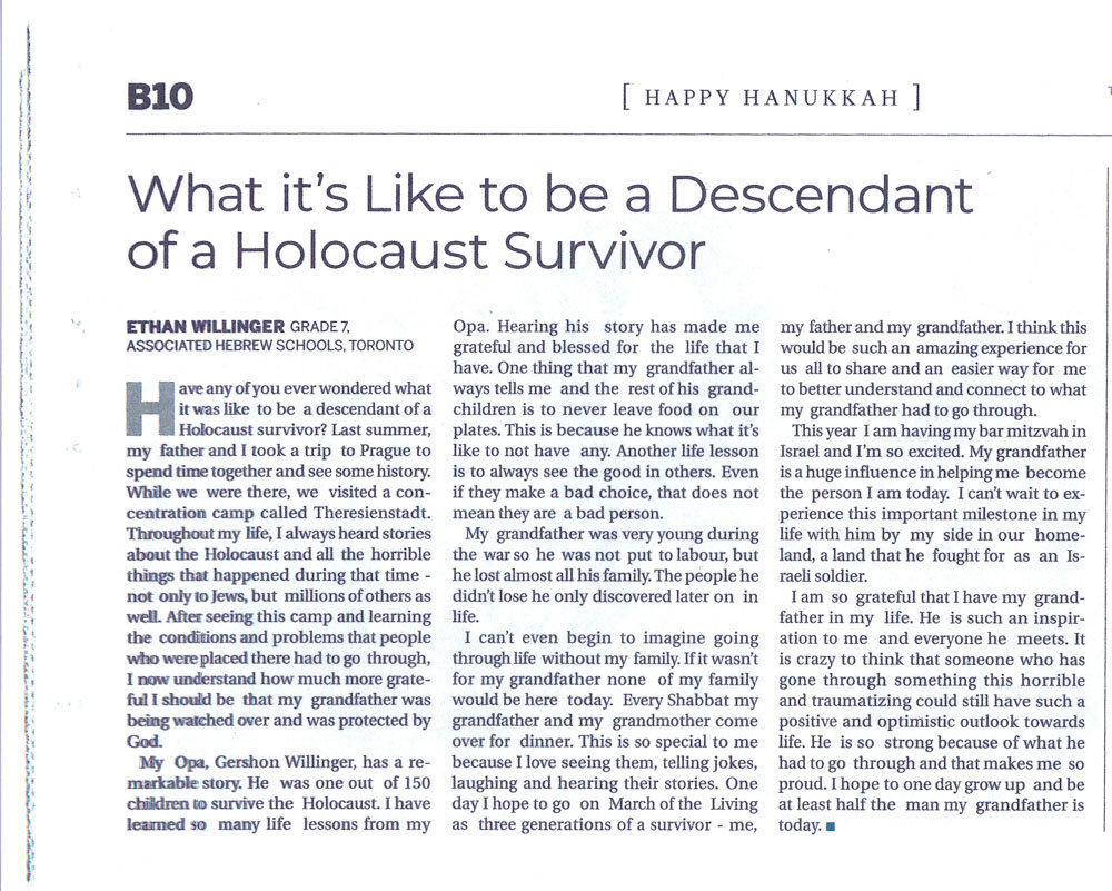 Article published in the Canadian Jewish News, written by Gershon’s grandson Ethan