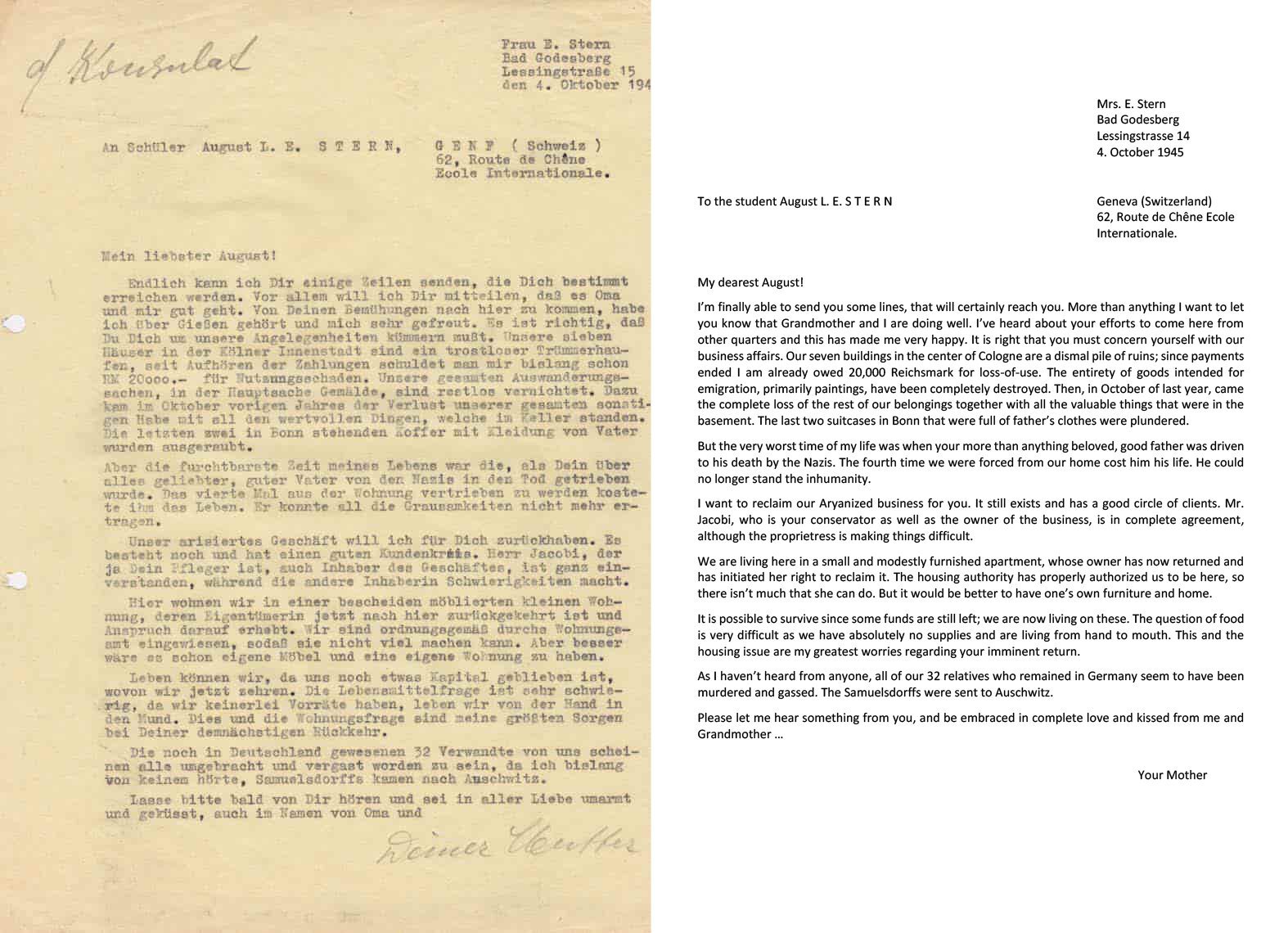 Letter written by Emilie Stern, 1945