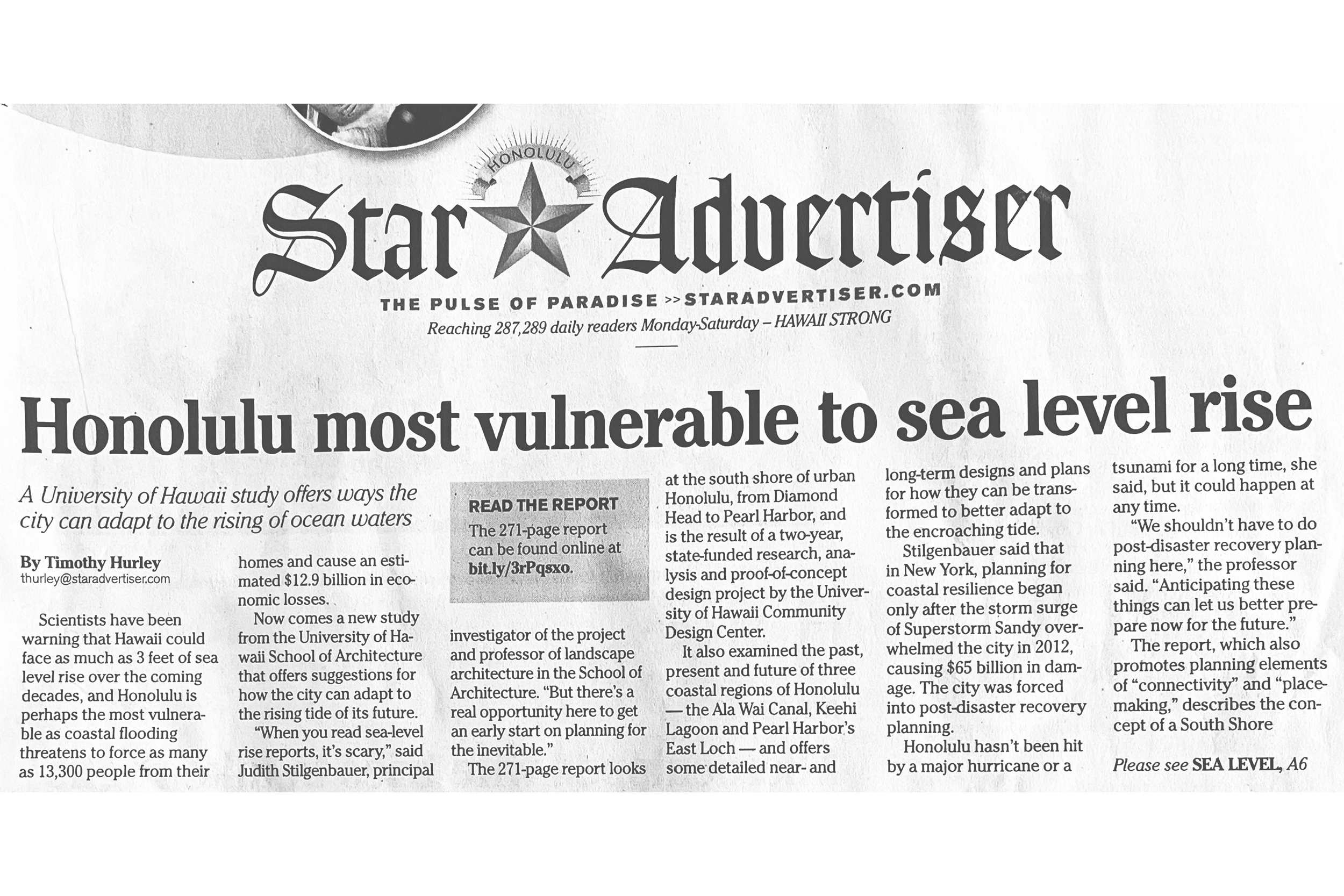 “HONOLULU MOST VULNERABLE TO SEA LEVEL RISE” FEATURED IN HONOLULU STAR ADVERTISER