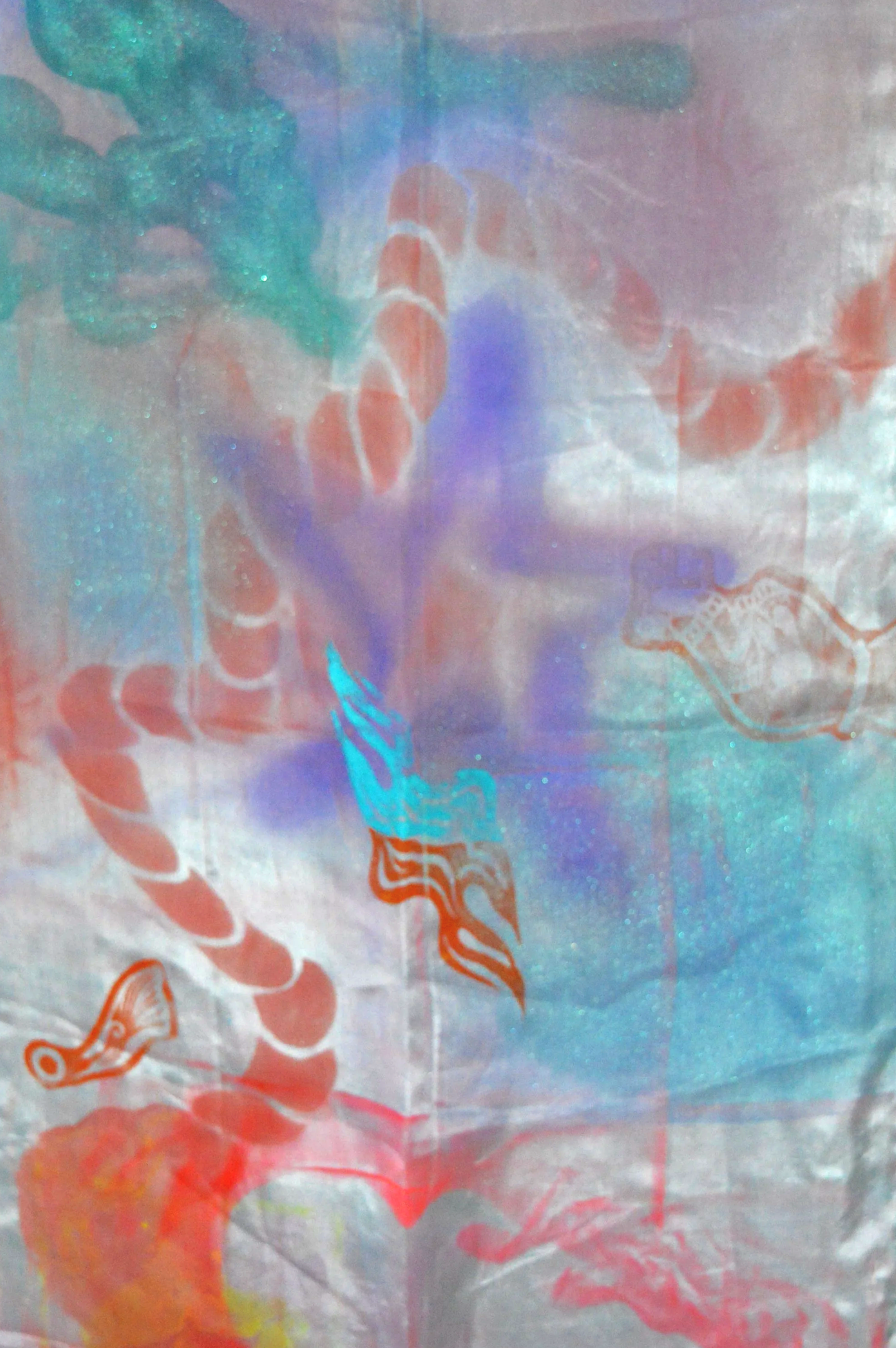 Abstract artwork with orange and blue nebulae, chains, and DNA helix patterns on a textured surface.