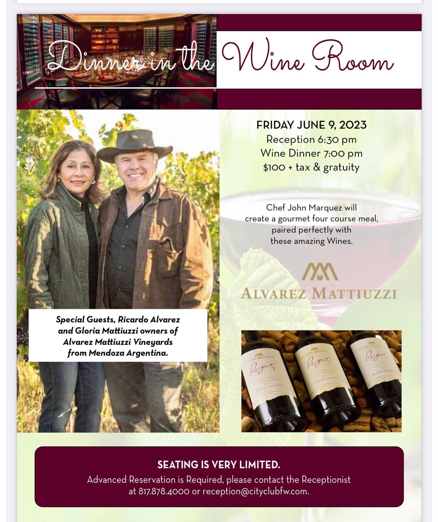 You are invited to our Dinner in the Wine Room  @cityclubftw on Friday, June 9! Chef John Marquez will create a gourmet four-course meal paired with our wines. 🍷

Reception 6:30 pm
Wine Dinner 7:00 pm
$100 + tax &amp; gratuity
.
.
.
#winedinnerserie