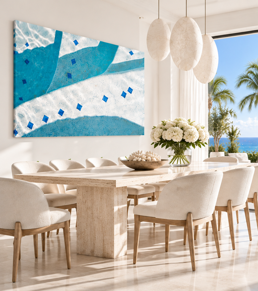 Sea Glass Light abstract fine-art photography on glossy acrylic displayed in a luxurious Miami-inspired coastal dining room with ocean views.