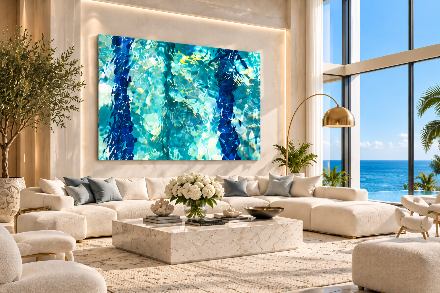 Desert Oasis abstract fine-art pool photograph presented on glossy acrylic in a sophisticated Miami-inspired waterfront living room with white furnishings and ocean views.