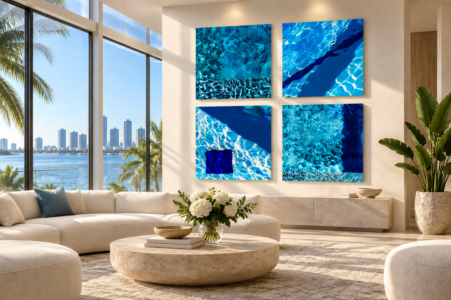 Abstract fine-art photograph of turquoise pool water and shimmering reflections, presented as a glossy face-mounted acrylic print in luxury Miami inspired living room