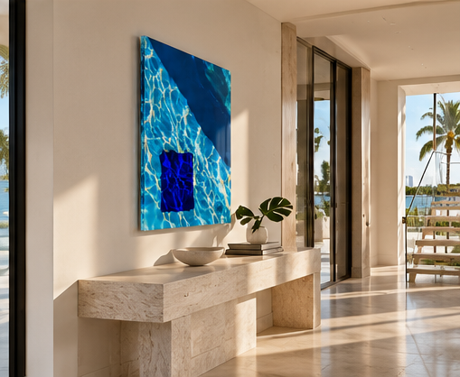 Abstract fine-art photograph of turquoise pool water and shimmering reflections, presented as a glossy face-mounted acrylic printin luxurious Miami entry.