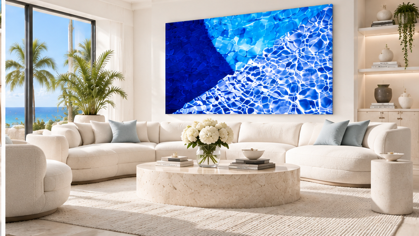 Shimmer Field abstract fine-art pool photography on glossy acrylic, displayed above a white sofa in a luxurious Miami-inspired coastal living room with ocean views.