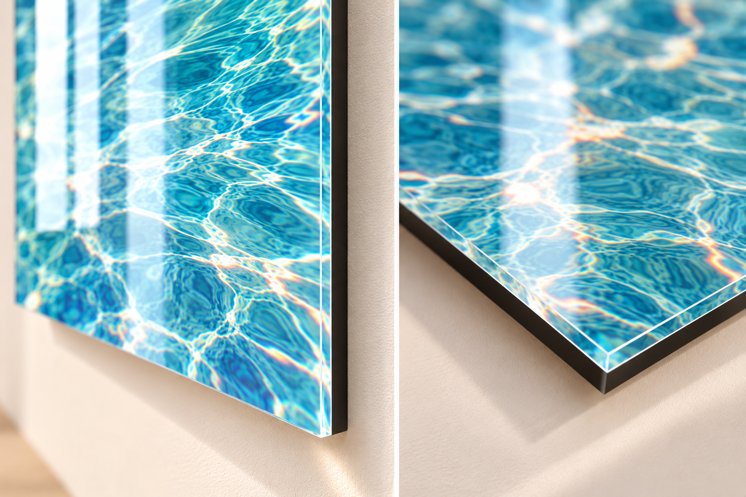 Close-up of a glossy face-mounted acrylic fine-art photograph showing its diamond-polished edge, clear acrylic surface, and contemporary floating presentation.