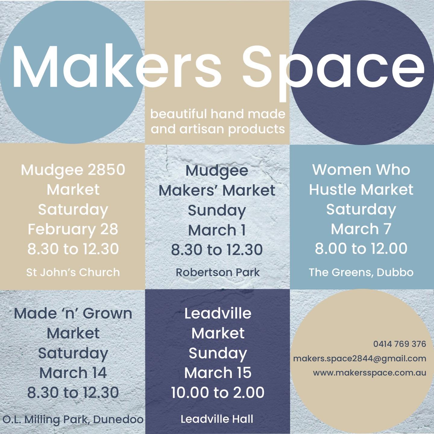 MAKERS SPACE MASSIVE MONTH OF MARKETS!

Small ART ~ ready to frame mixed media, collage works and digital art

remarKableimages ~ photography

Revamp that lamp! ~ custom made lampshades and lampshade making workshops

Dunedoo Dukkah ~ savoury and swe