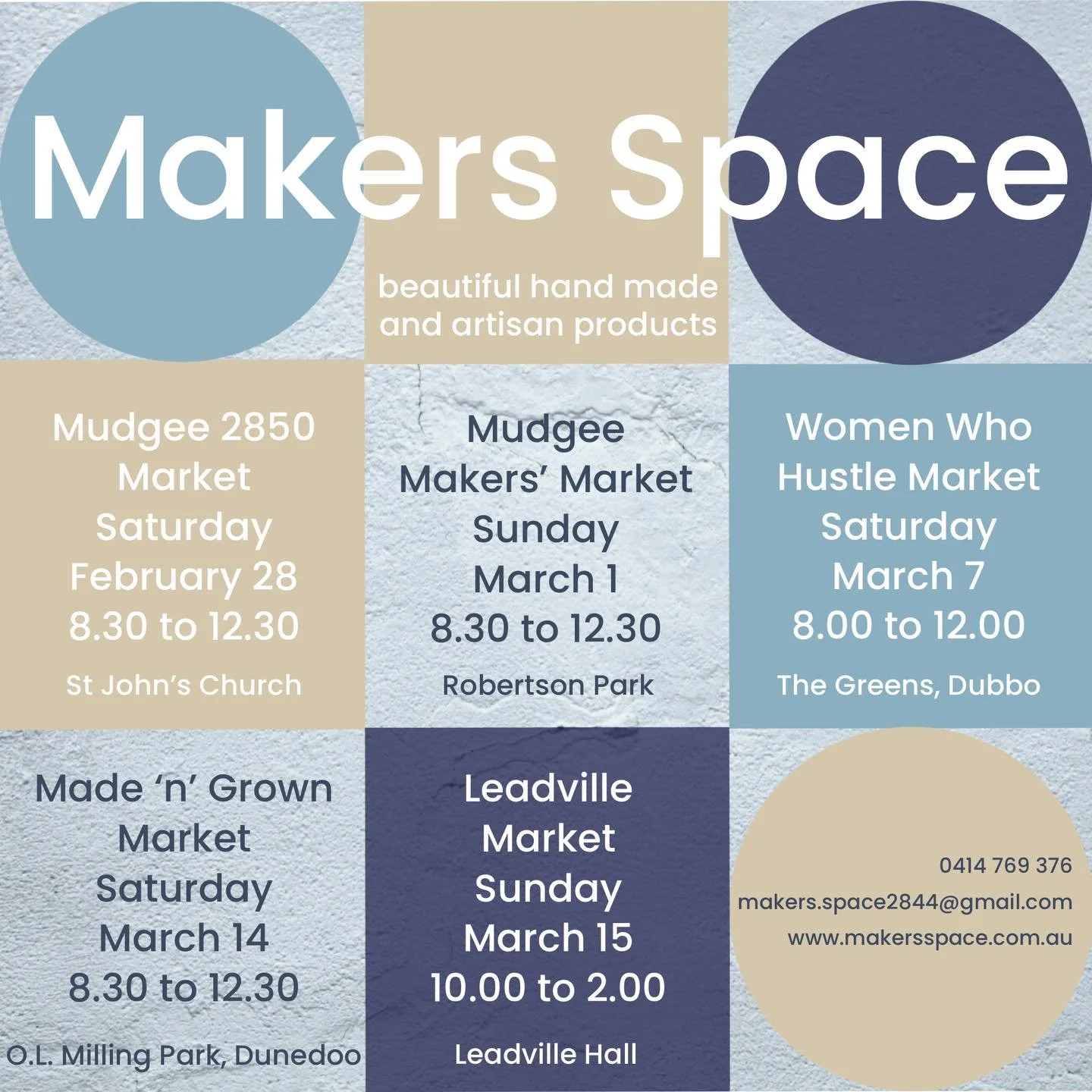 MAKERS SPACE MASSIVE MONTH OF MARKETS!

Small ART ~ ready to frame mixed media, collage works and digital art

remarKableimages ~ photography

Revamp that lamp! ~ custom made lampshades and lampshade making workshops

Dunedoo Dukkah ~ savoury and swe